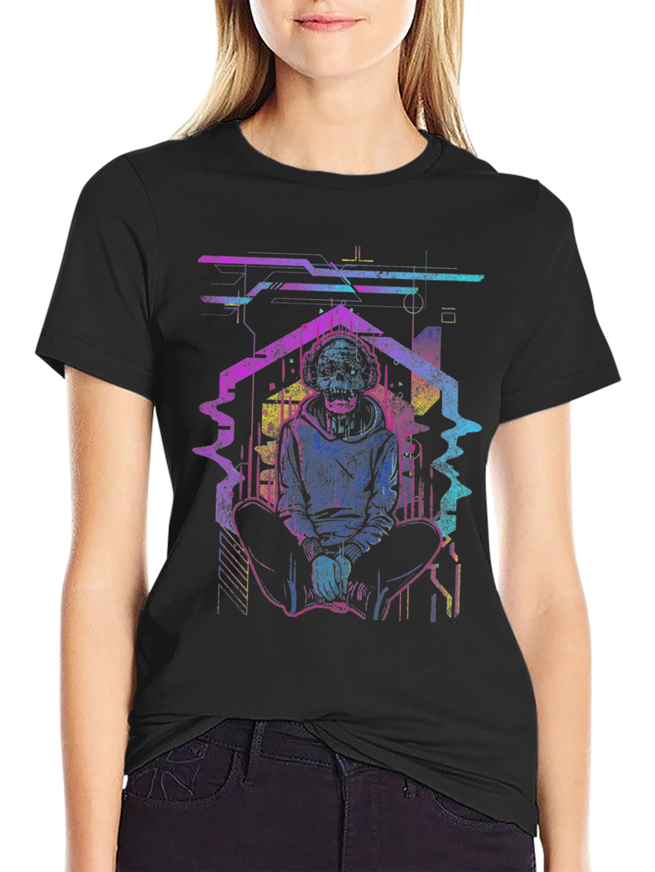 Cyberpunk Skull Graphic Tee - Black