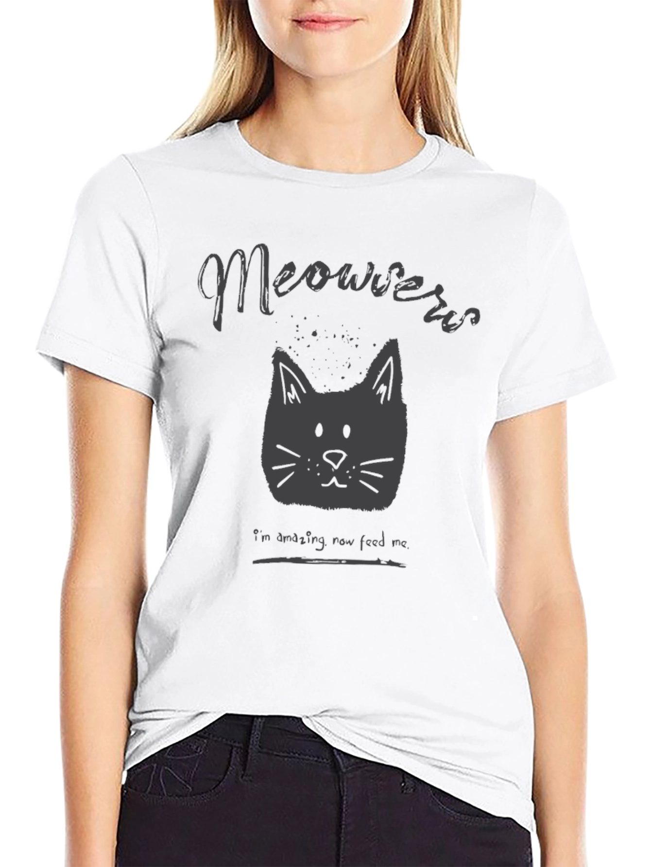 Meowers Cat Graphic Tee - Black Crew Neck T-Shirt