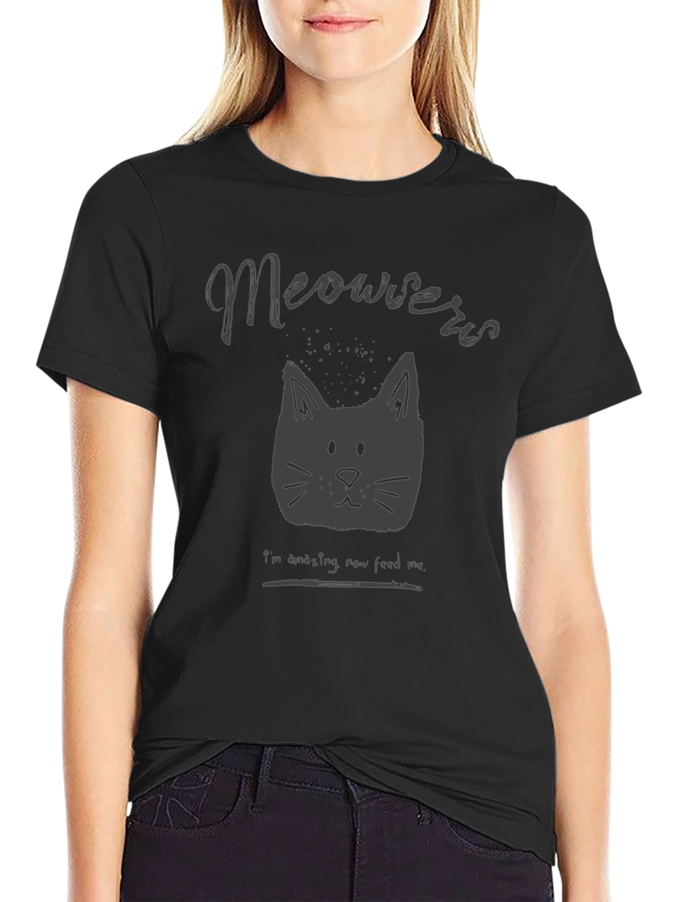 Meowers Cat Graphic Tee - Black Crew Neck T-Shirt