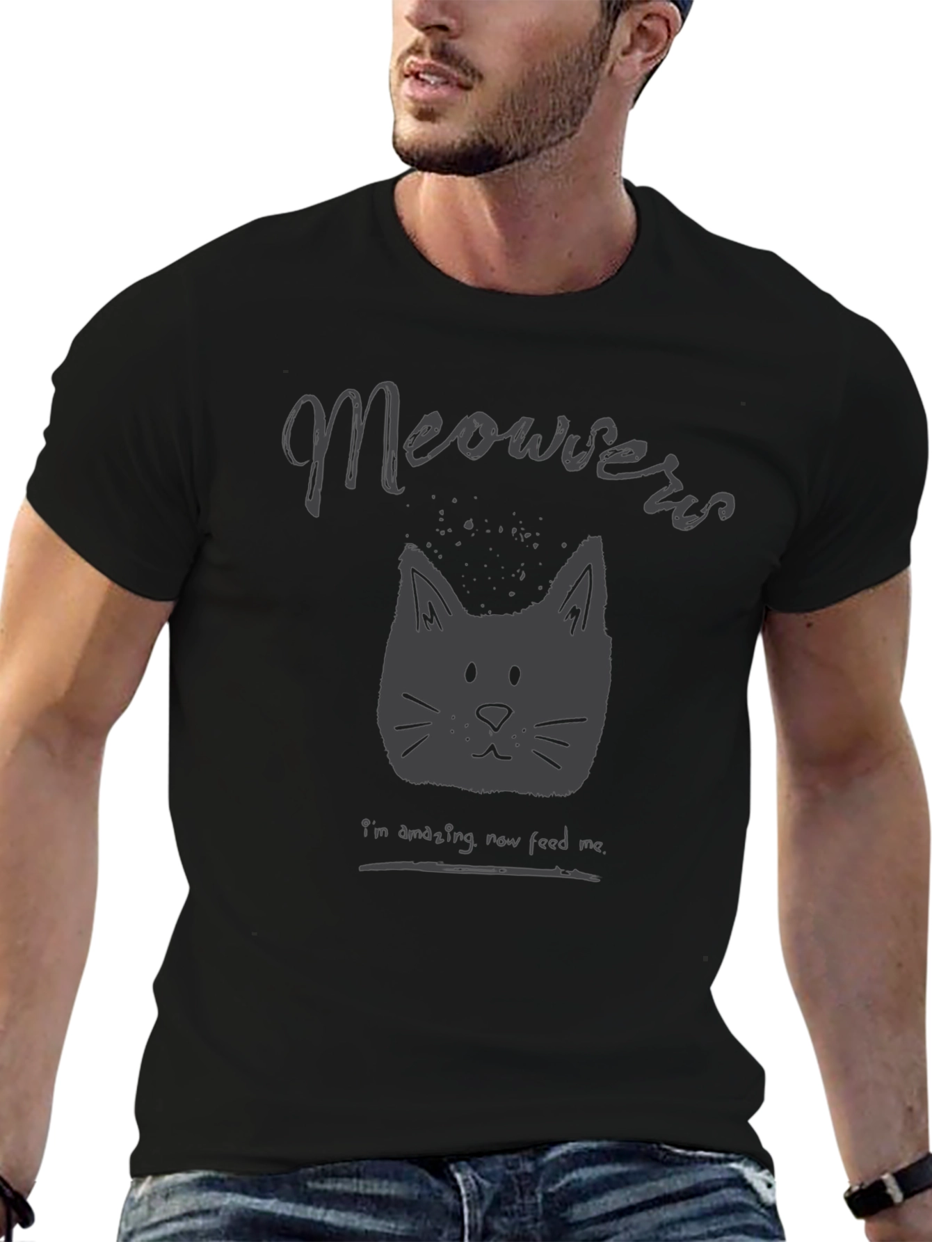 Meowers Cat Graphic Tee - Black Crew Neck T-Shirt