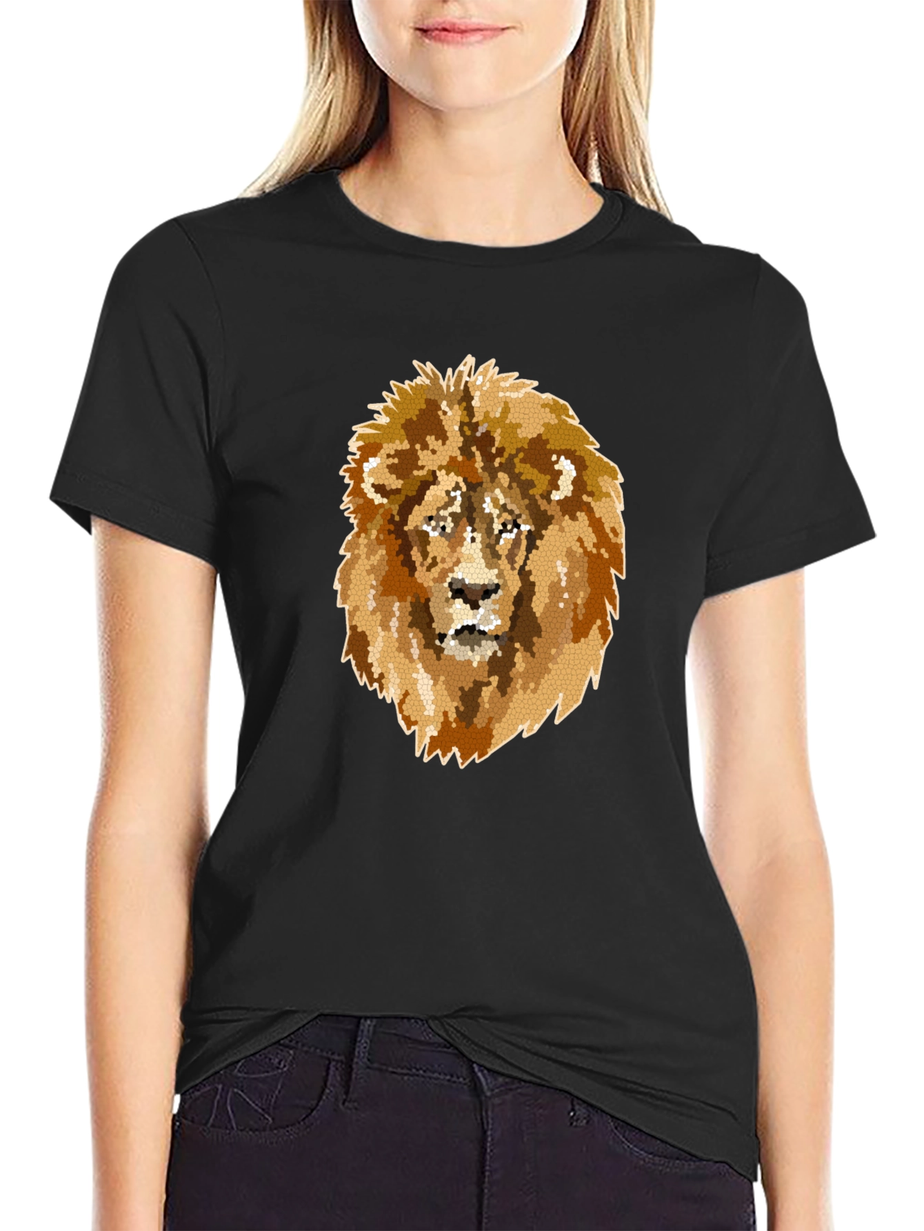 Lion Mosaic Graphic Print Black T-Shirt