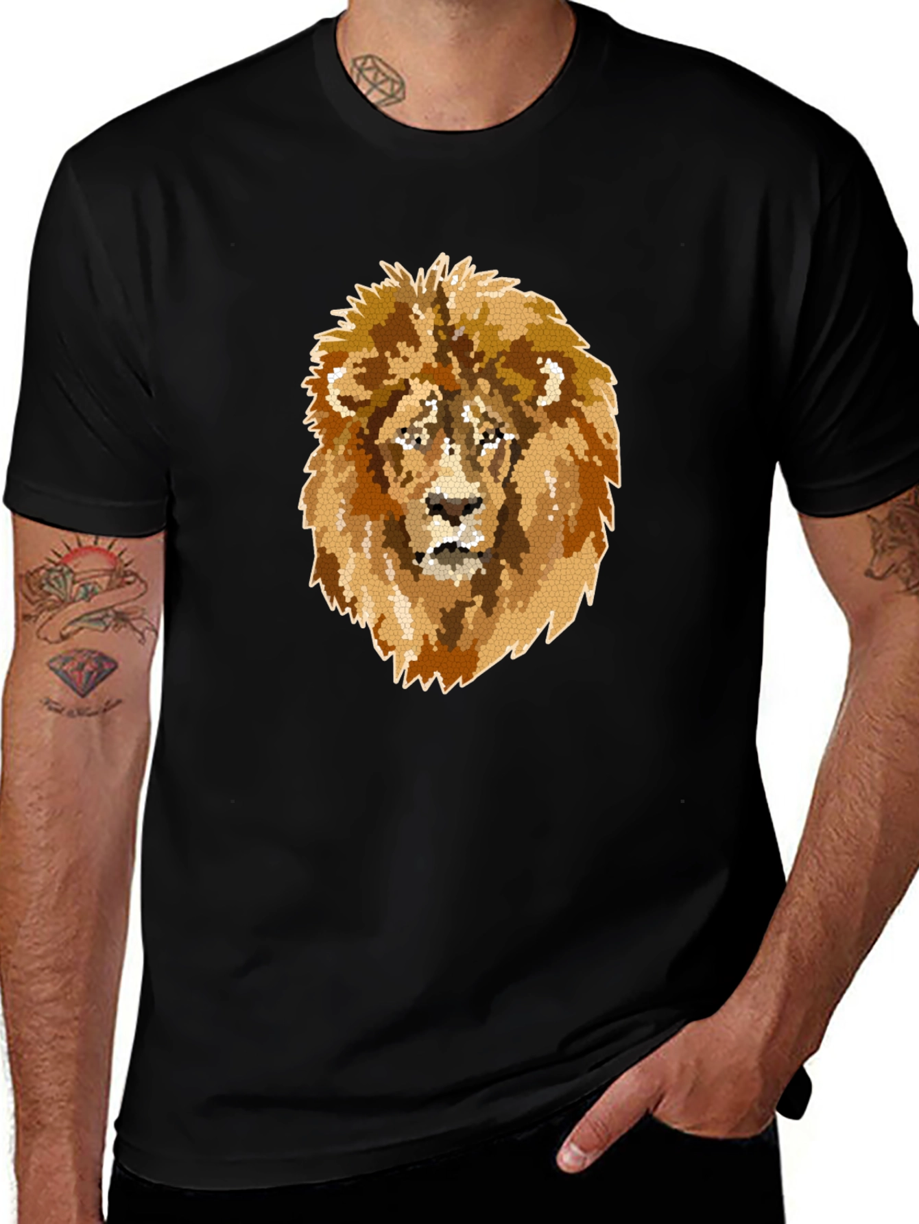 Lion Mosaic Graphic Print Black T-Shirt