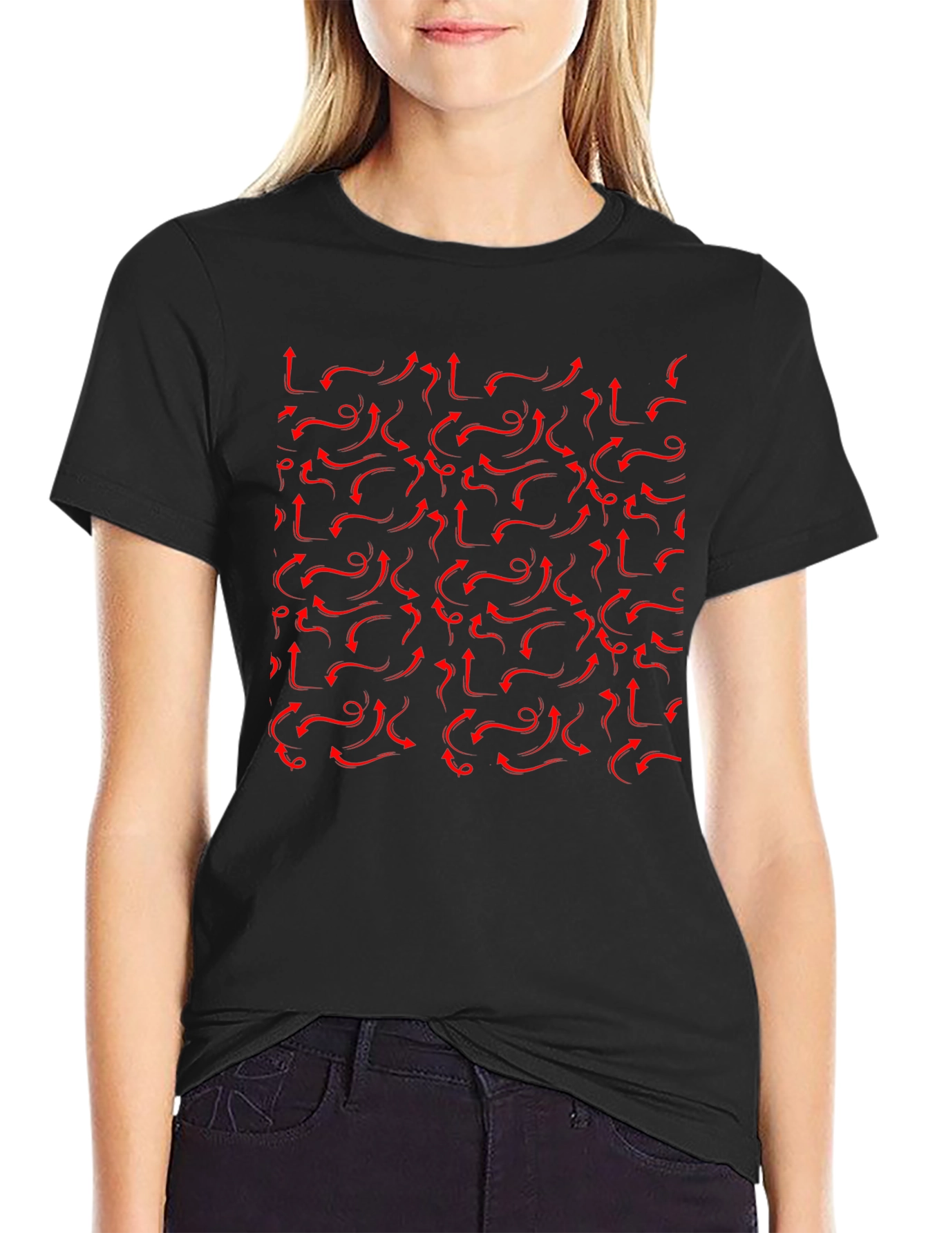 Red Arrows Pattern Black T-Shirt - Unique Design