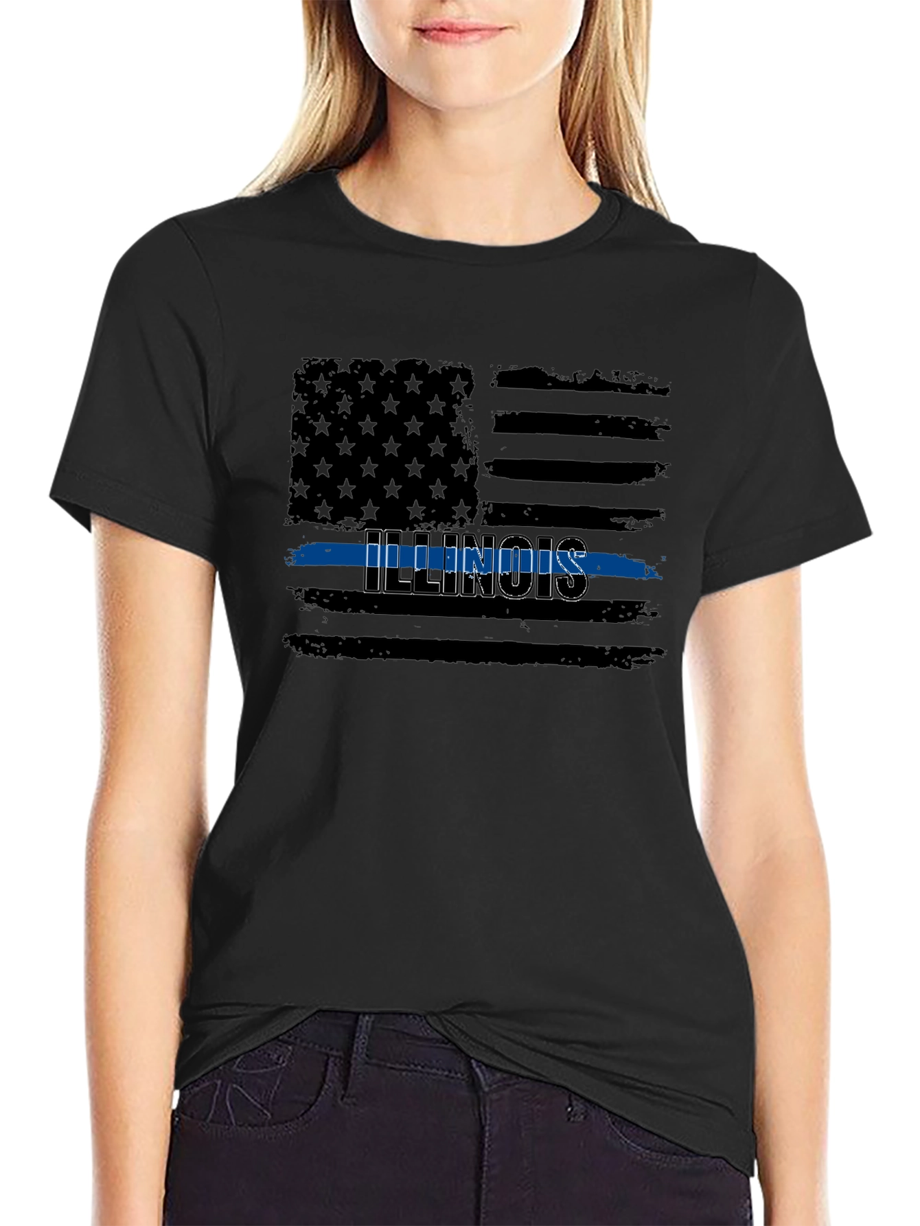 Illinois Thin Blue Line American Flag Graphic T-Shirt