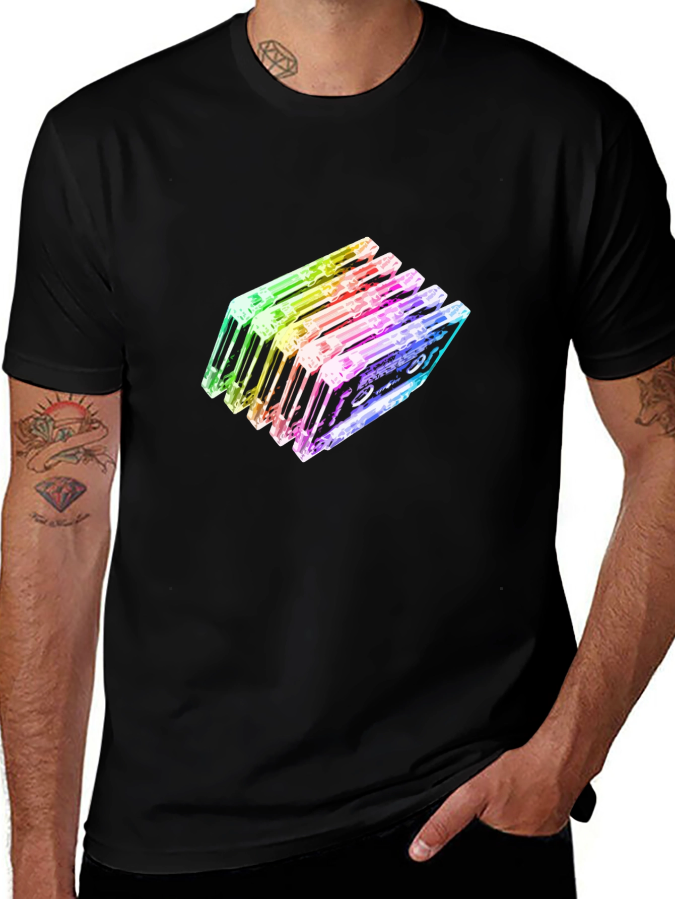 Rainbow Cassette Tapes Graphic Black T-Shirt