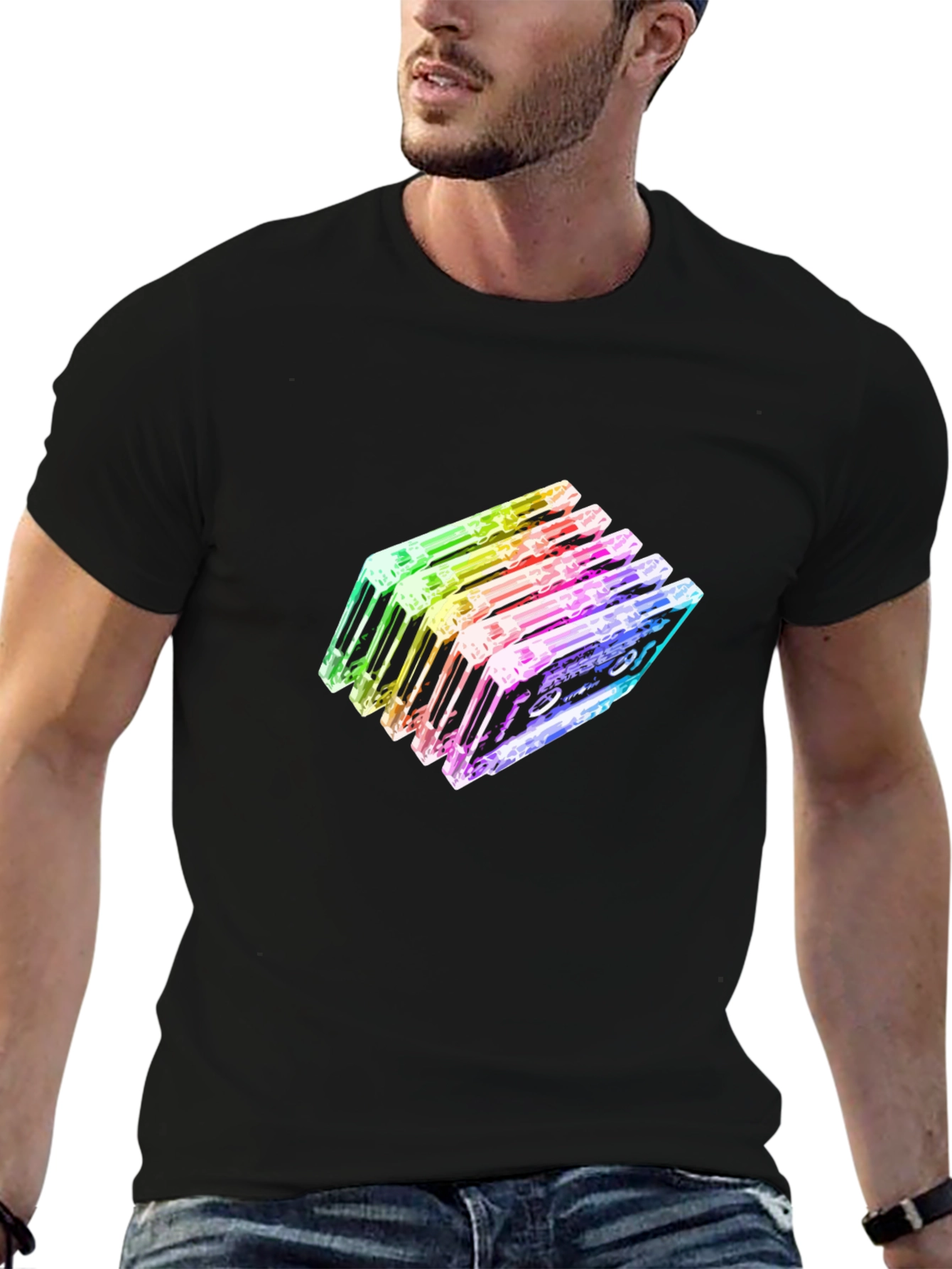 Rainbow Cassette Tapes Graphic Black T-Shirt
