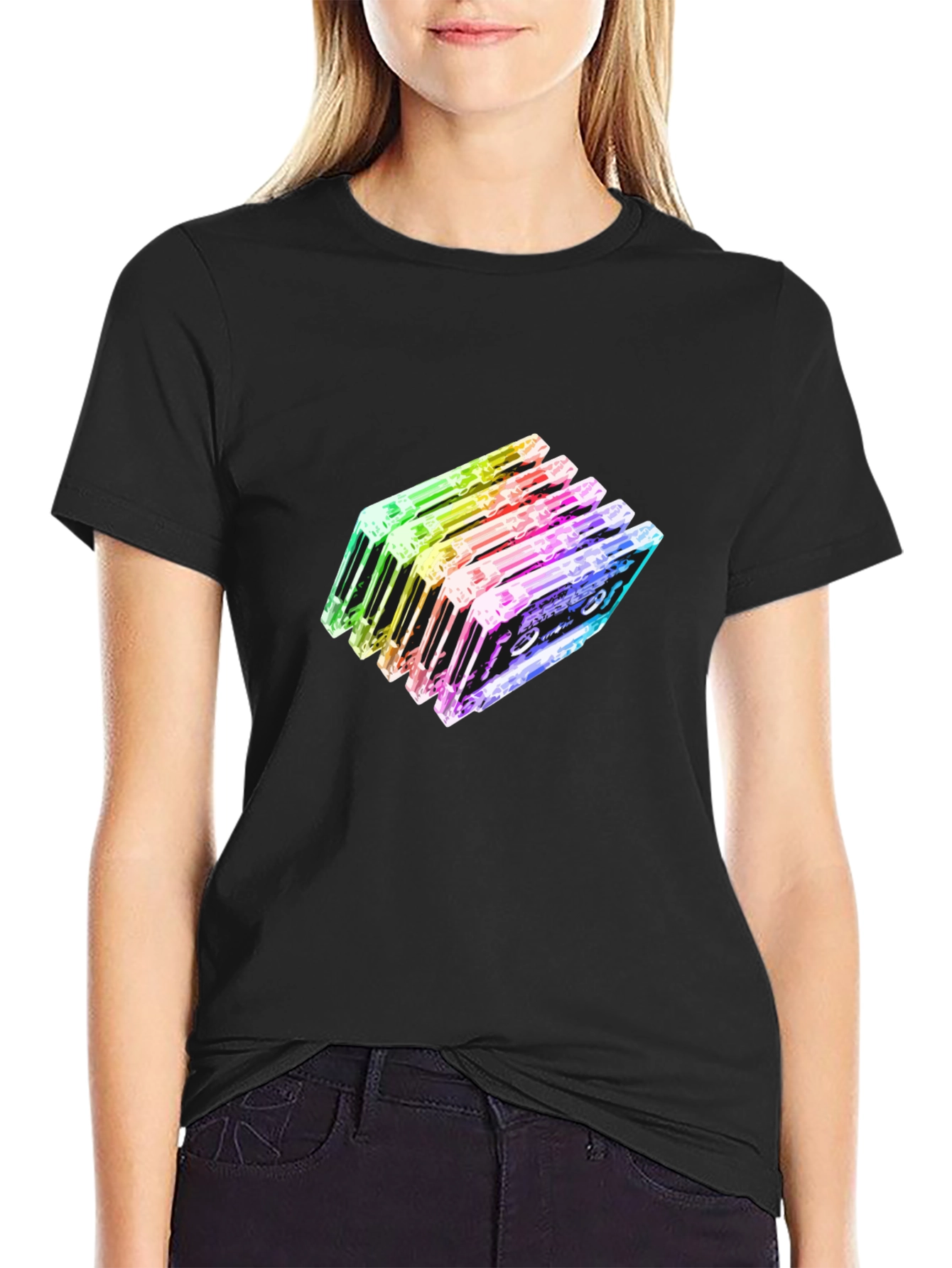 Rainbow Cassette Tapes Graphic Black T-Shirt