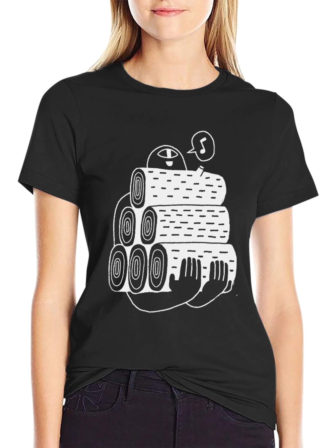 Black Tee with Funny Lumberjack Log Pile Graphic