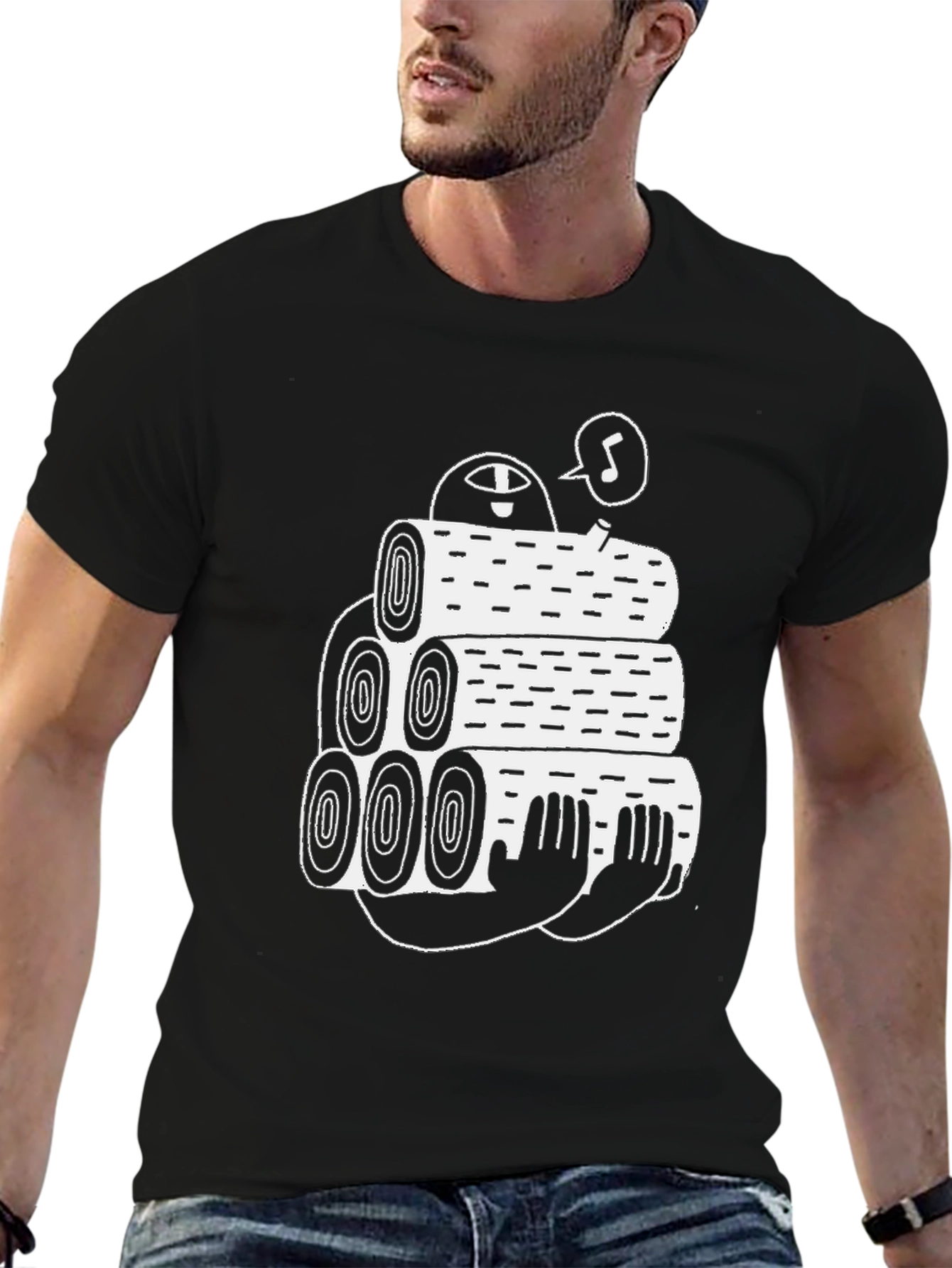 Black Tee with Funny Lumberjack Log Pile Graphic