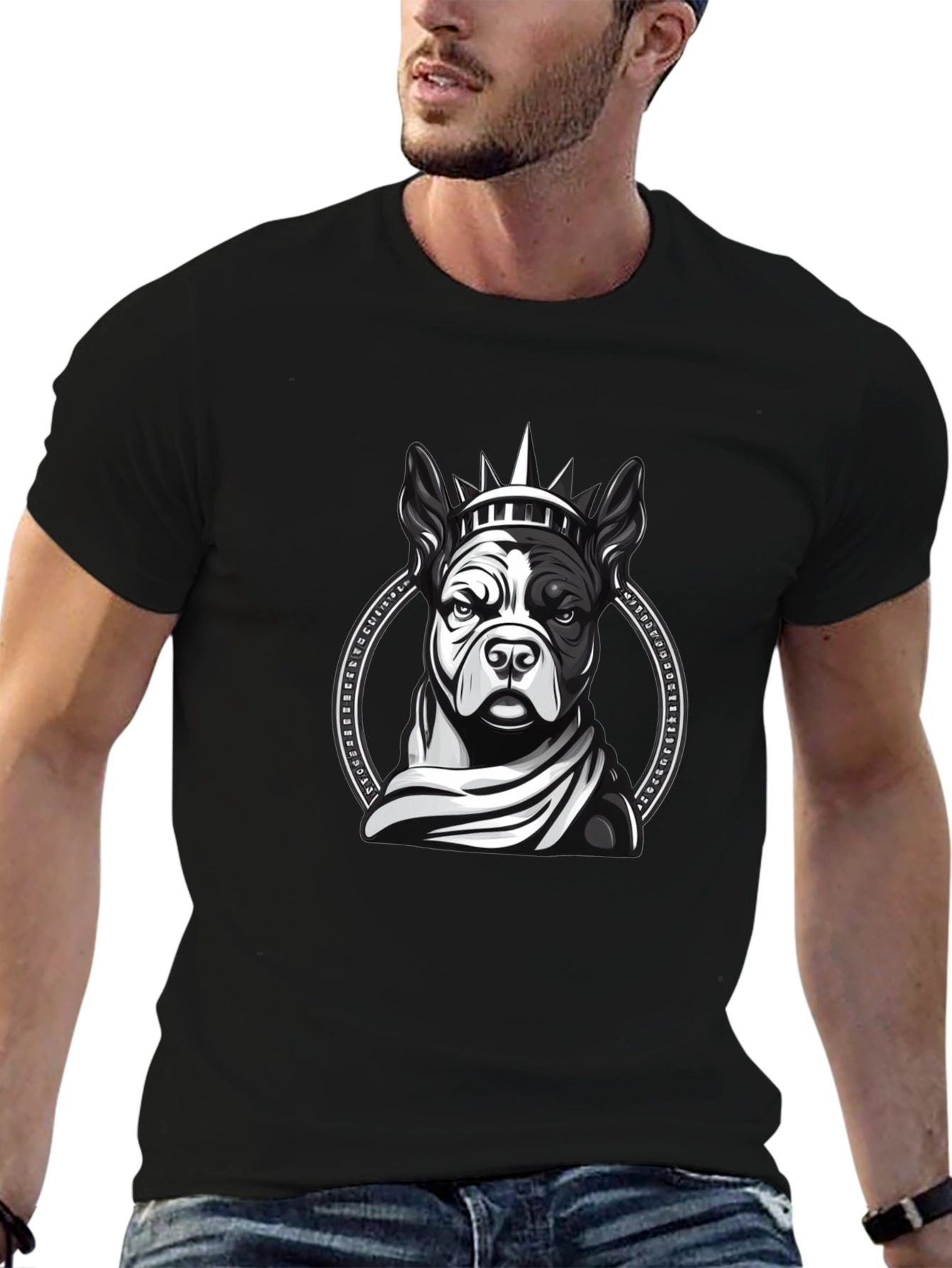 Dog Statue Liberty Graphic Tee - Black