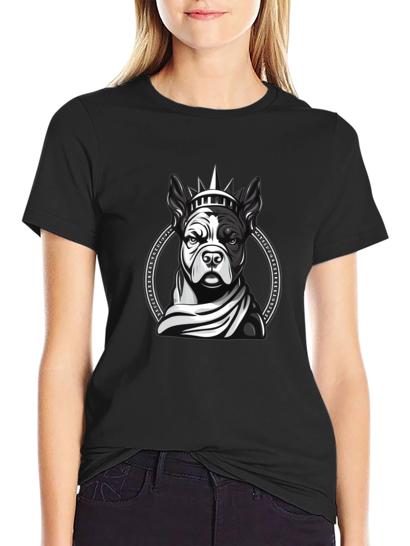 Dog Statue Liberty Graphic Tee - Black