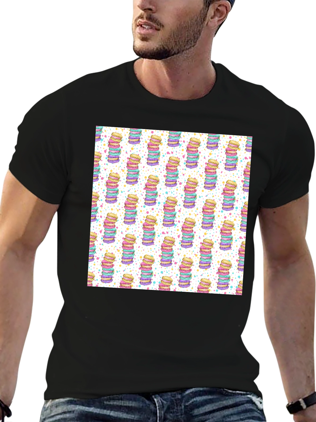 Macaron Stack Pattern T-Shirt - Sweet Treat Design