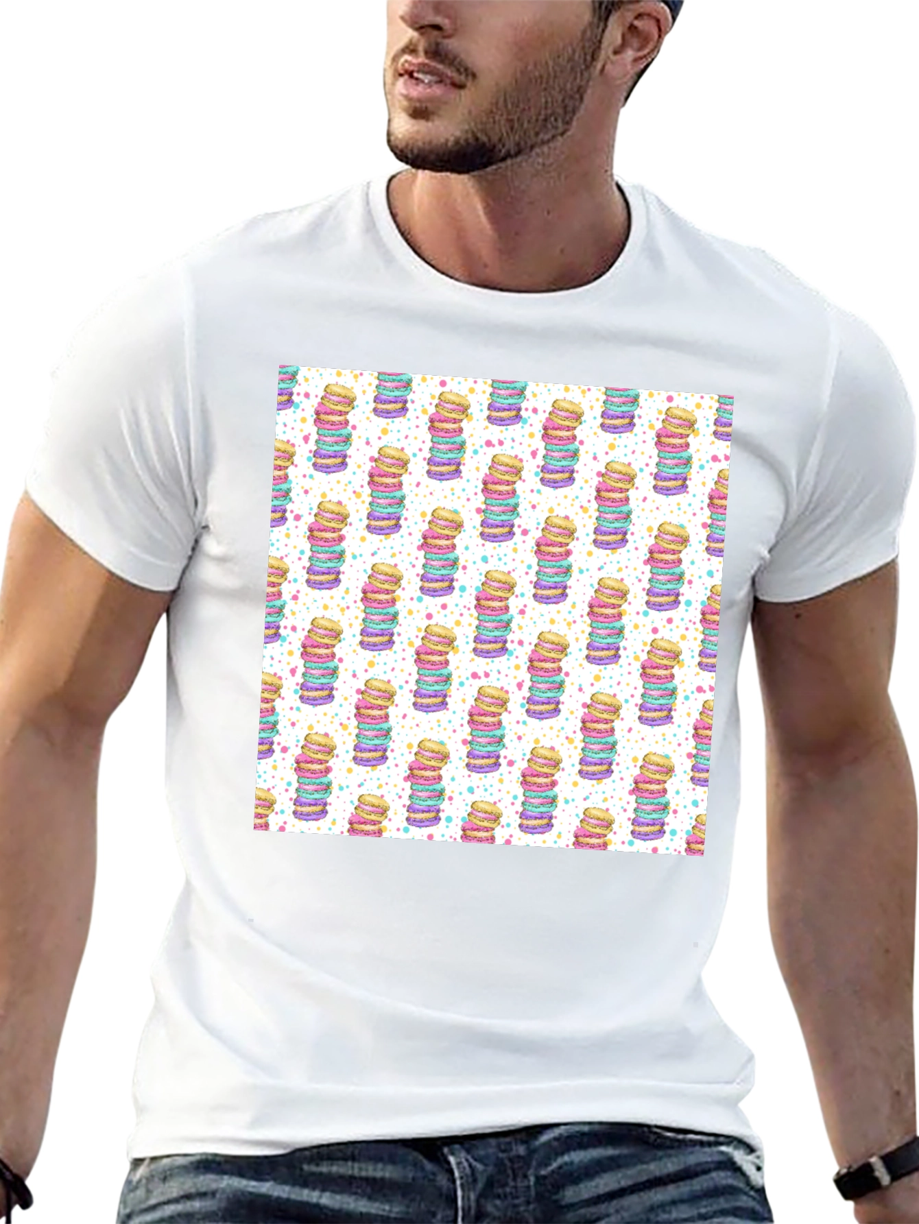 Macaron Stack Pattern T-Shirt - Sweet Treat Design