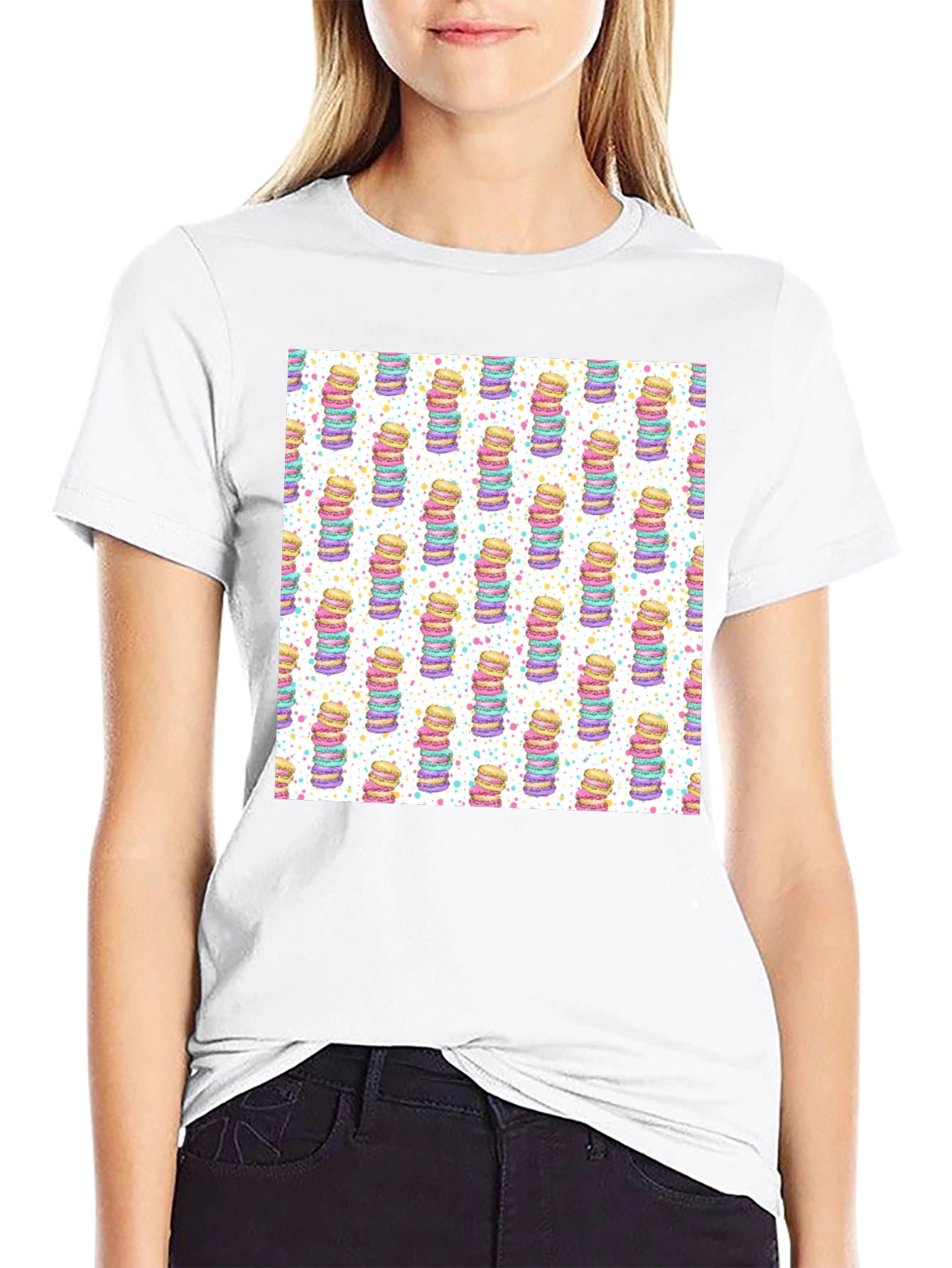 Macaron Stack Pattern T-Shirt - Sweet Treat Design