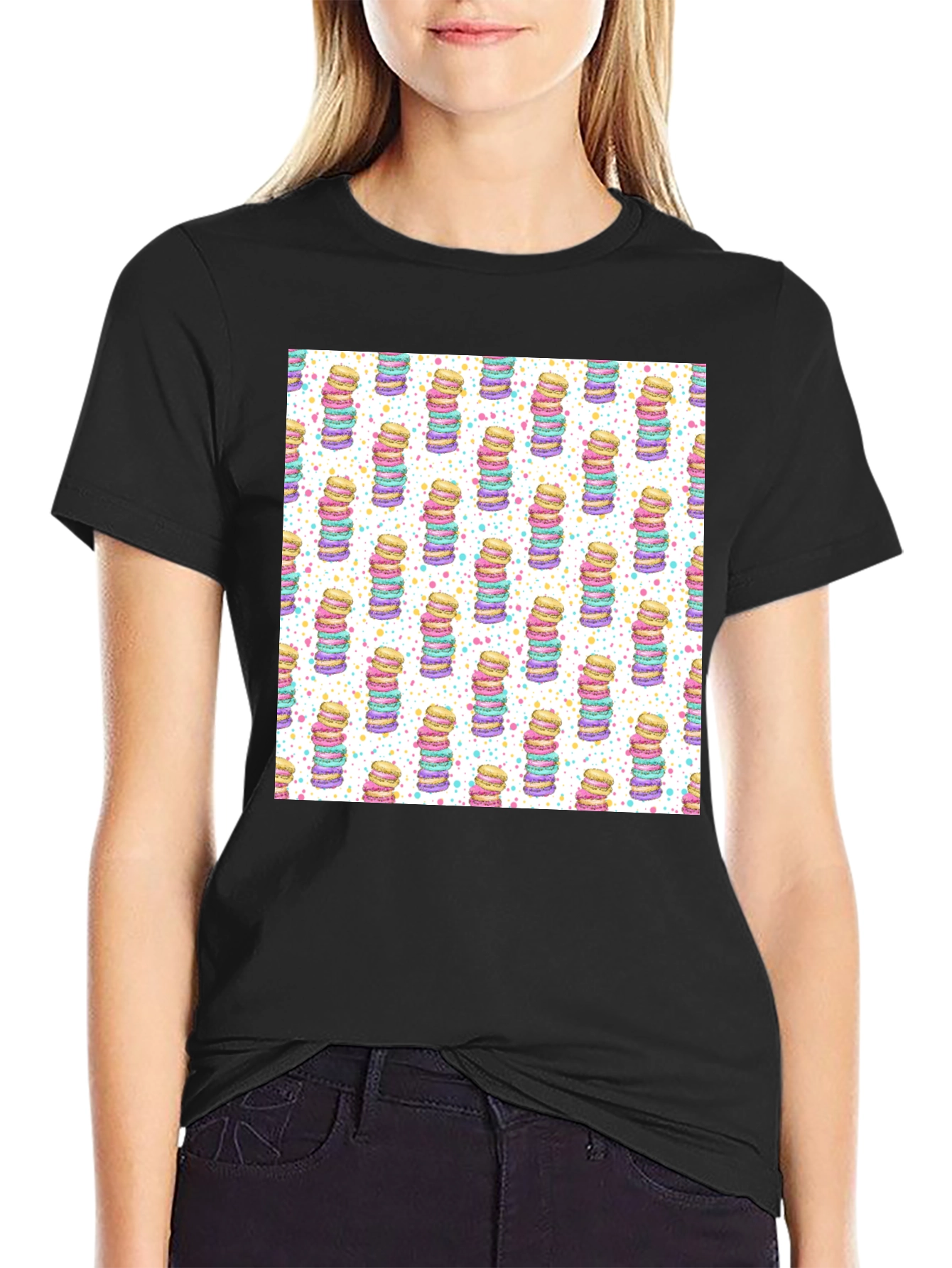 Macaron Stack Pattern T-Shirt - Sweet Treat Design