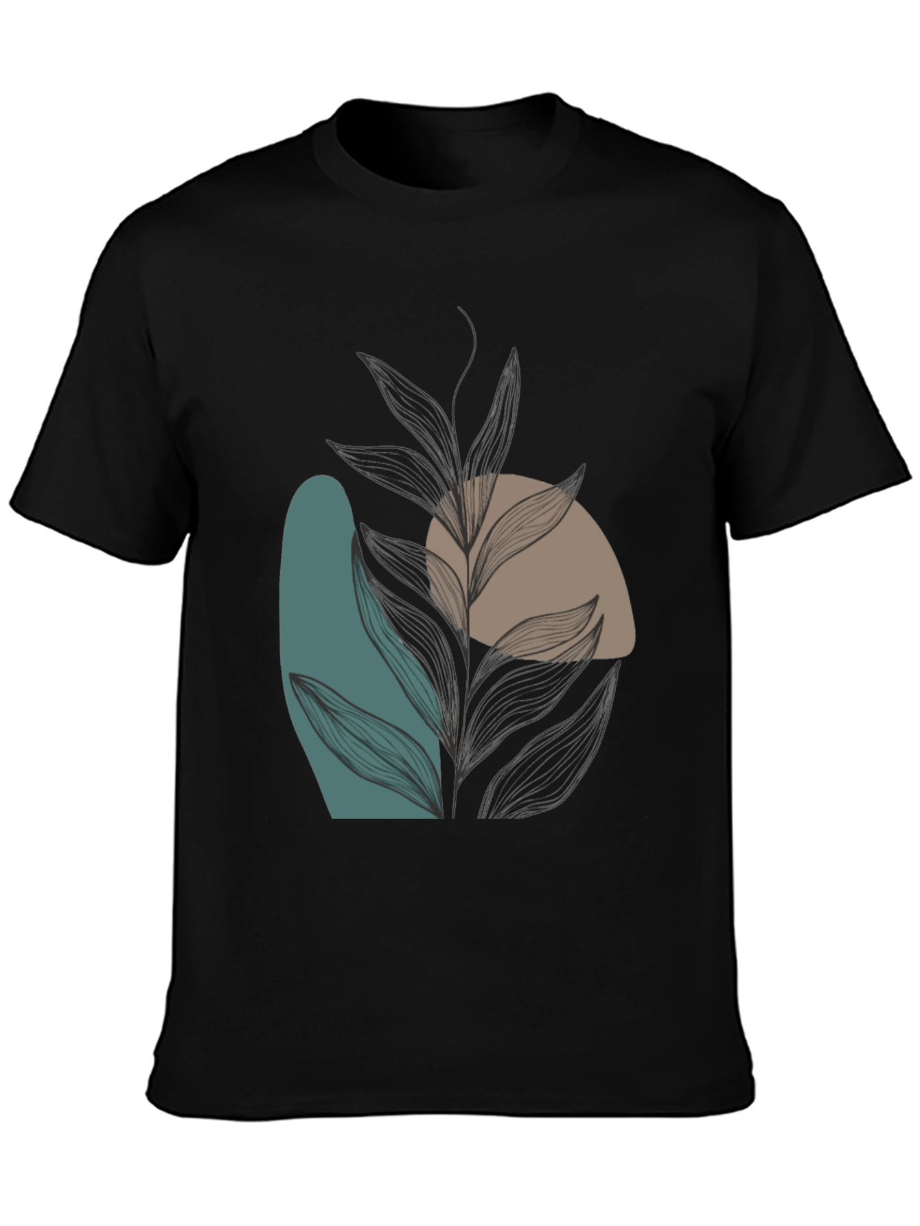 Modern Abstract Leaf Print Black T-Shirt