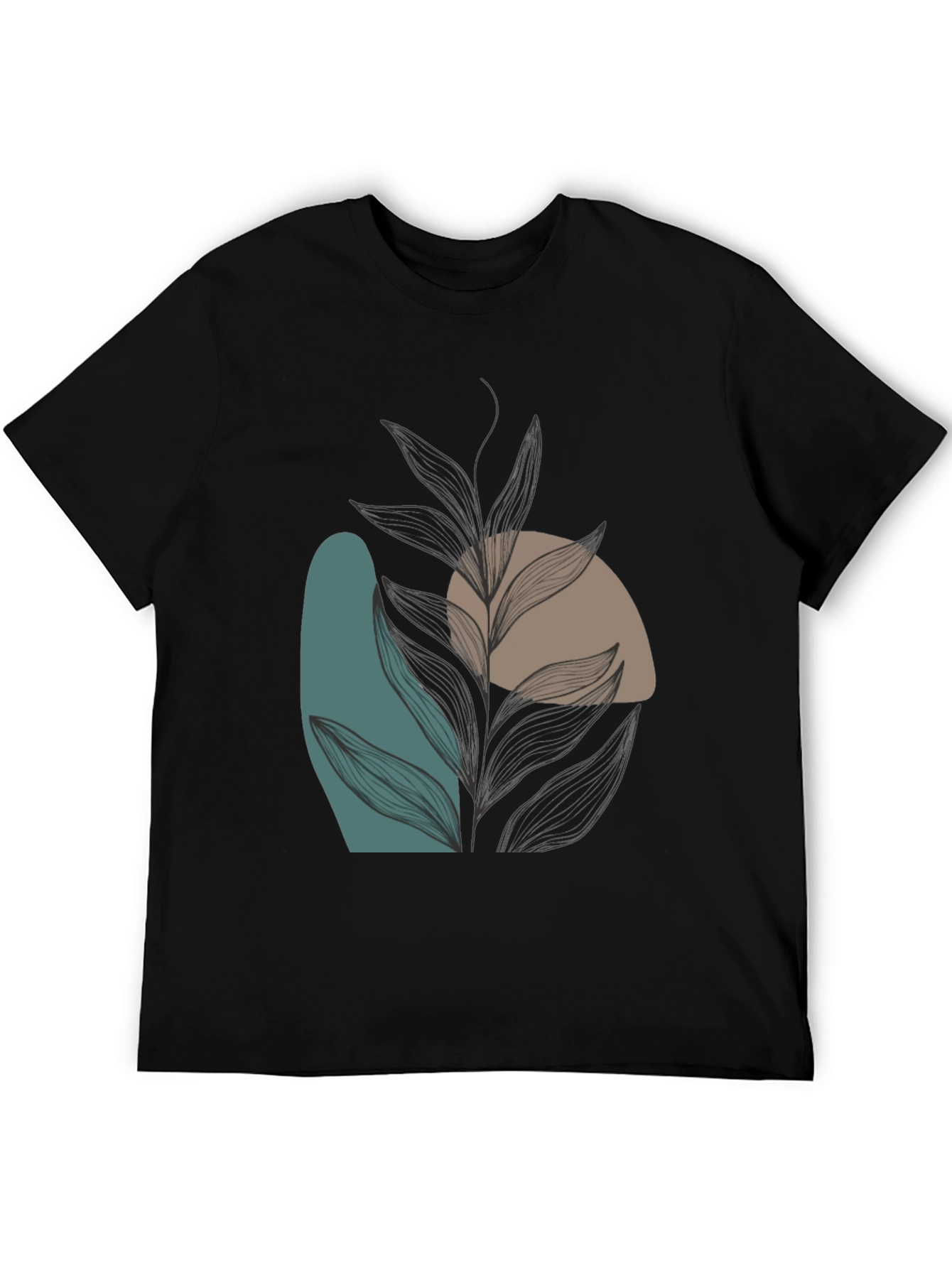 Modern Abstract Leaf Print Black T-Shirt