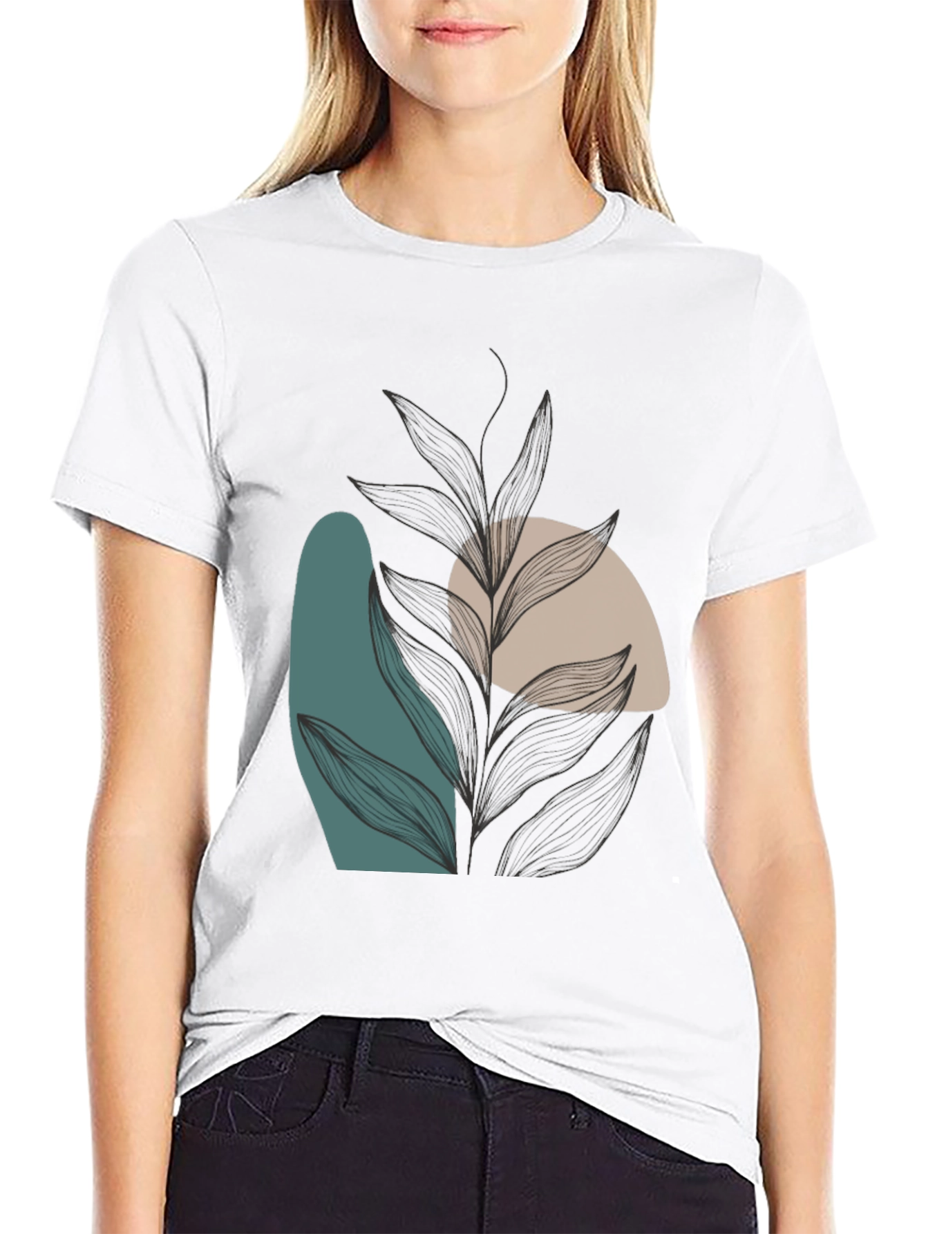 Modern Abstract Leaf Print Black T-Shirt