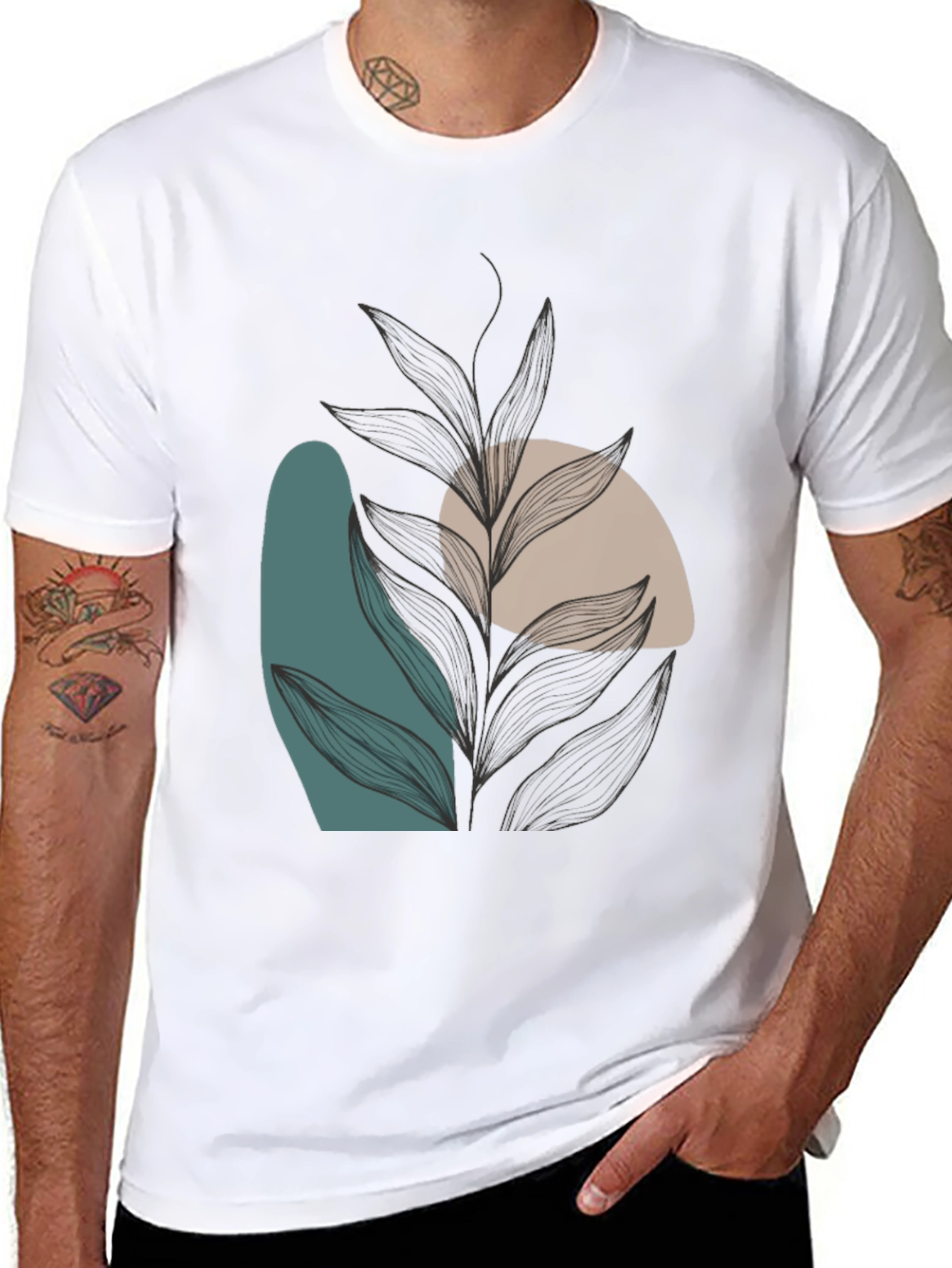 Modern Abstract Leaf Print Black T-Shirt