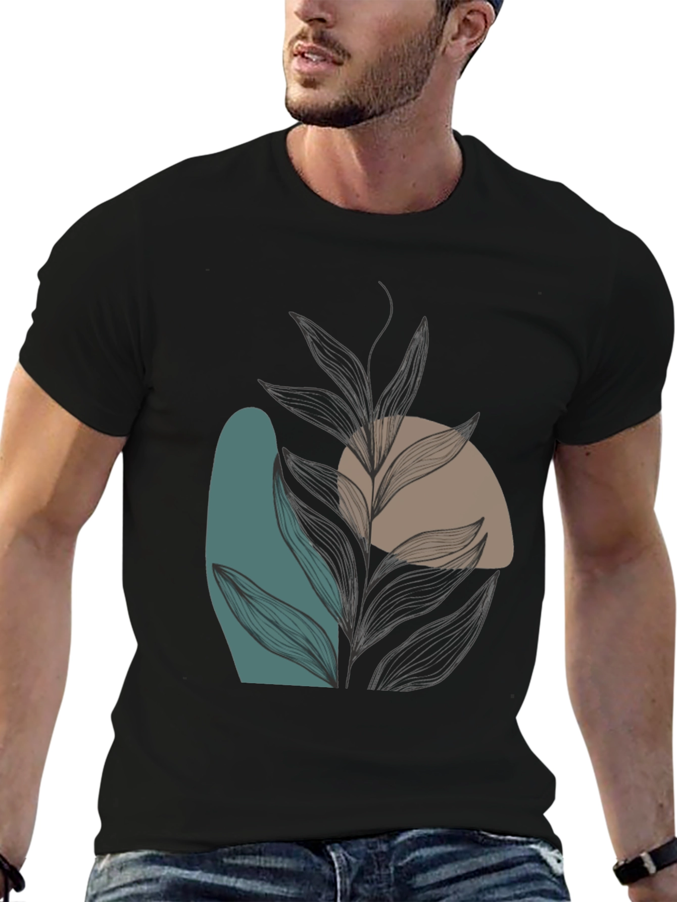 Modern Abstract Leaf Print Black T-Shirt