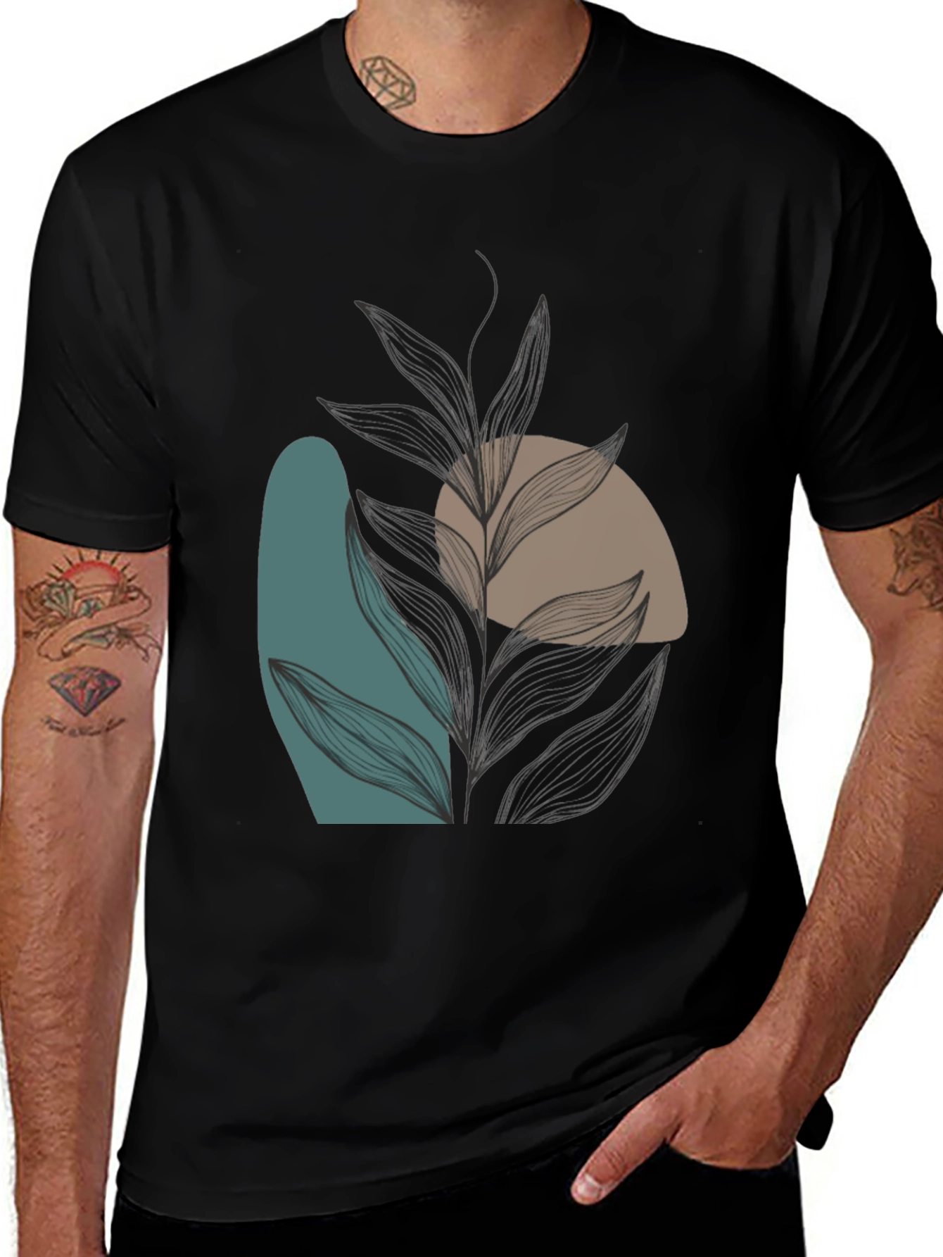 Modern Abstract Leaf Print Black T-Shirt