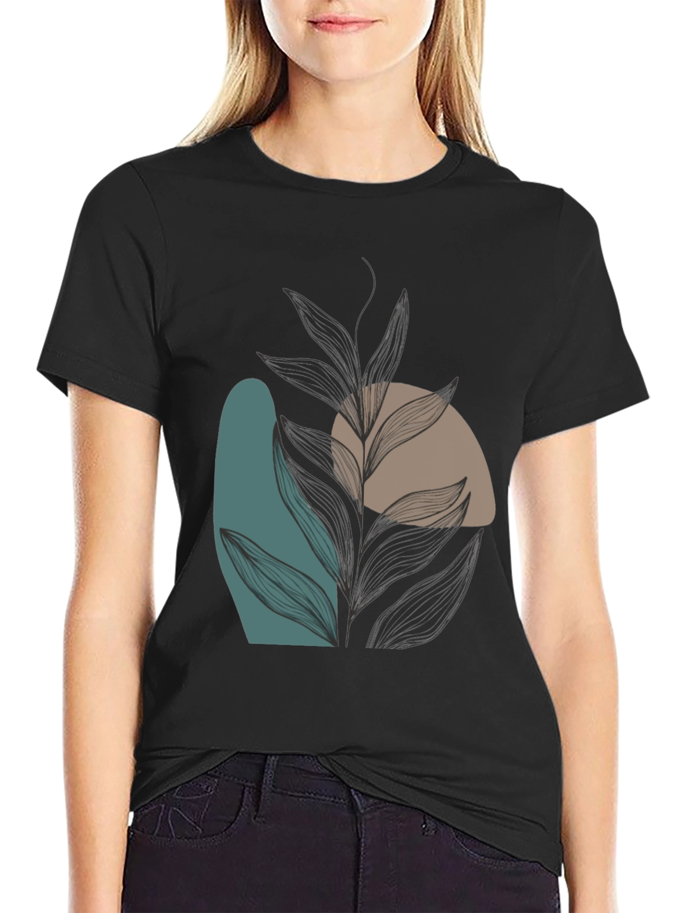 Modern Abstract Leaf Print Black T-Shirt