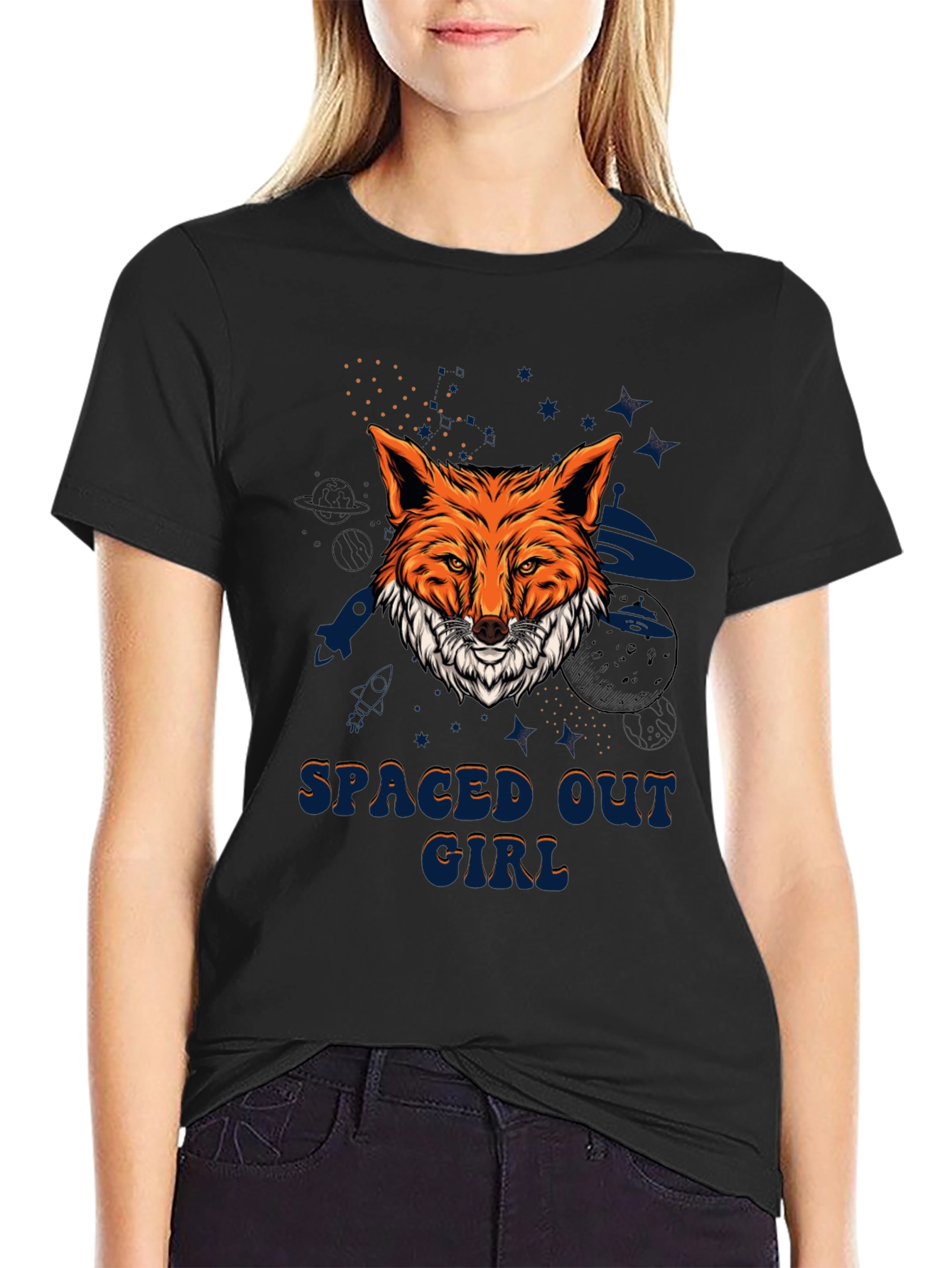 Spaced Out Girl Fox Graphic T-Shirt