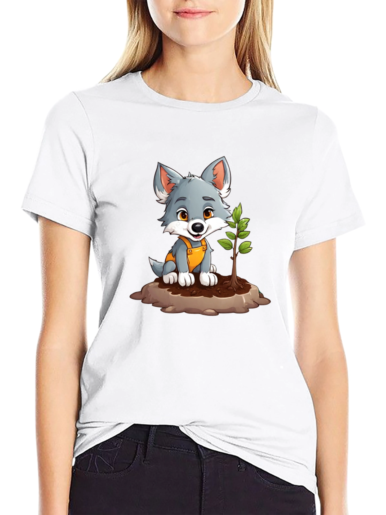 Cute Wolf Pup Planting Tree Graphic Tee