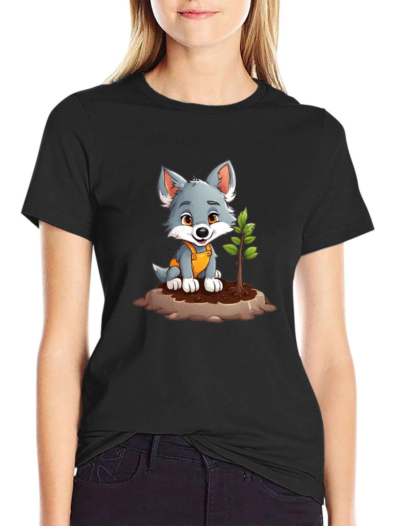 Cute Wolf Pup Planting Tree Graphic Tee