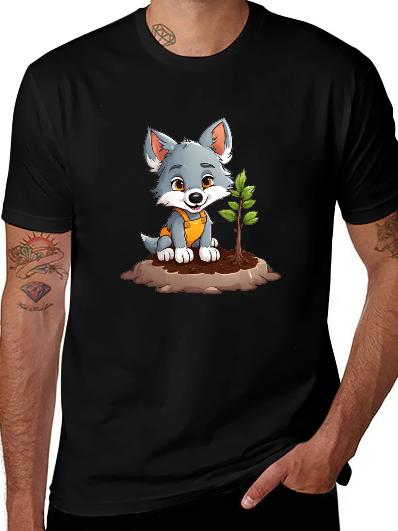 Cute Wolf Pup Planting Tree Graphic Tee