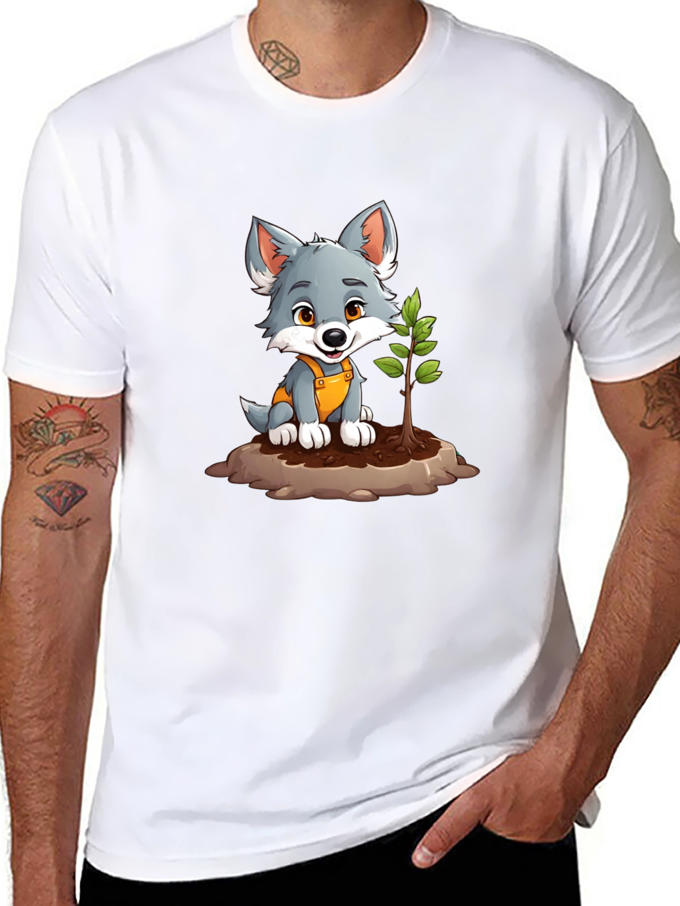 Cute Wolf Pup Planting Tree Graphic Tee