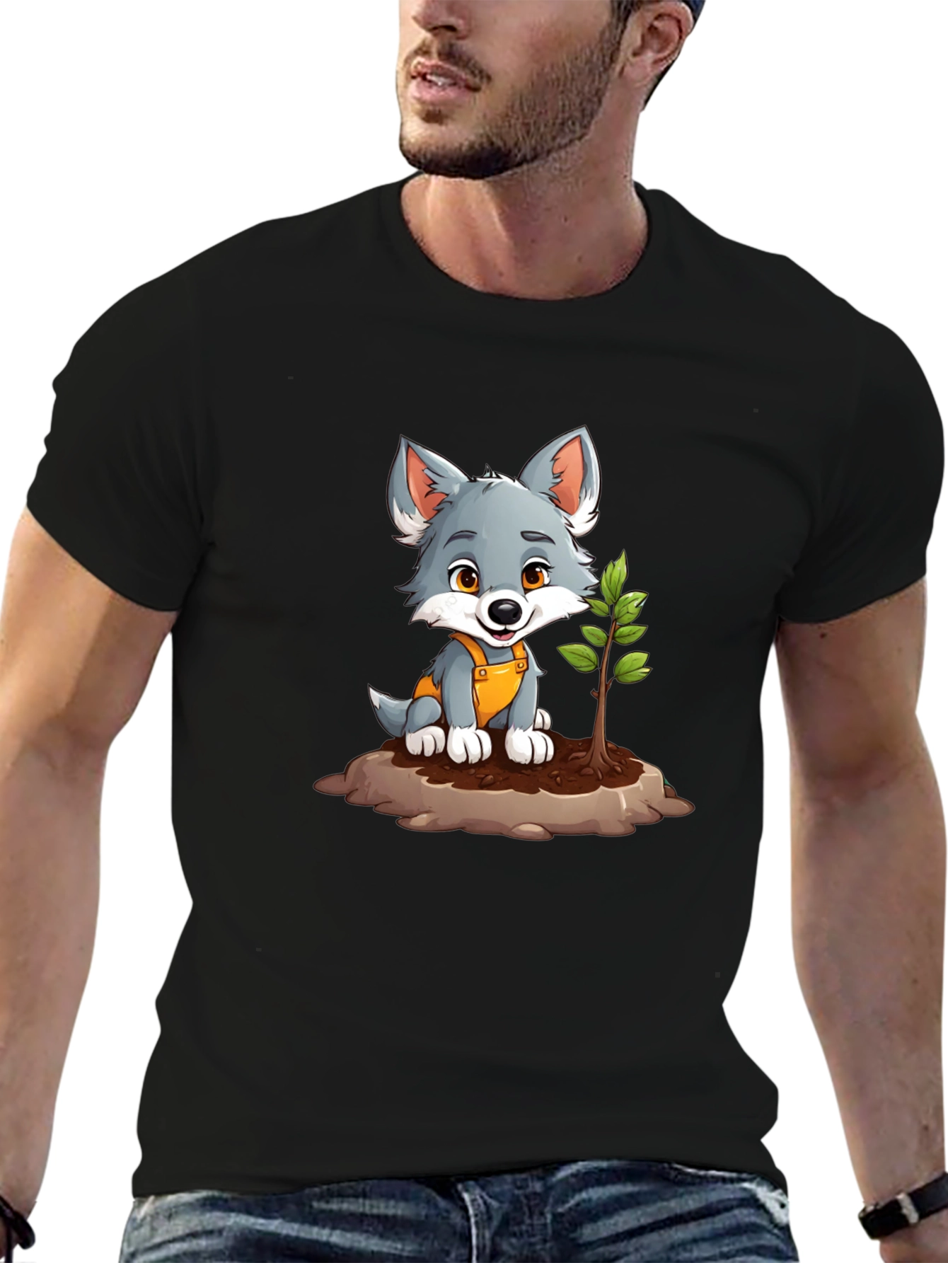 Cute Wolf Pup Planting Tree Graphic Tee