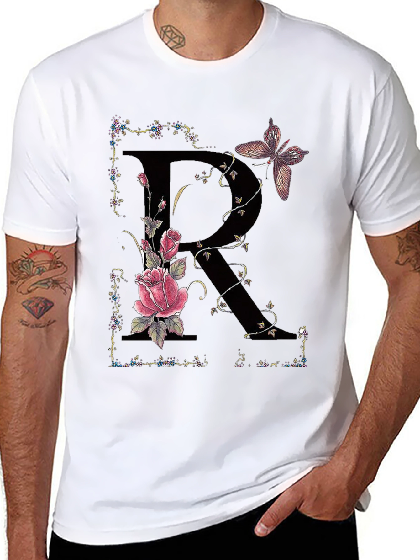Floral Letter R Butterfly T-Shirt