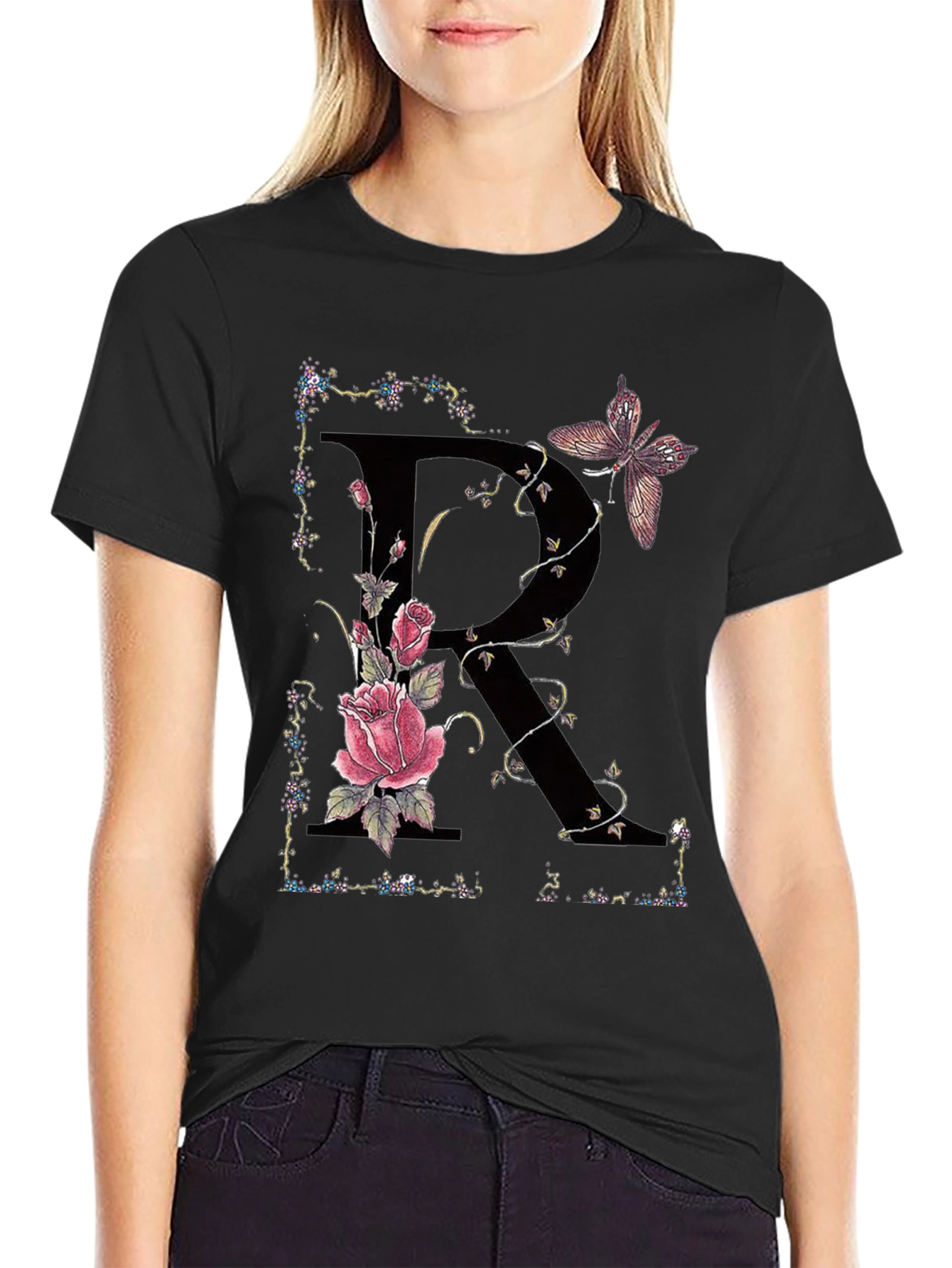 Floral Letter R Butterfly T-Shirt