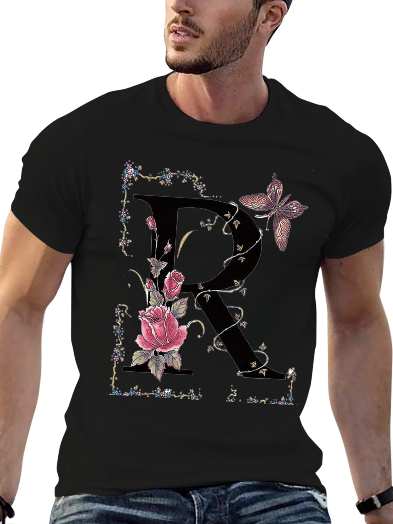 Floral Letter R Butterfly T-Shirt