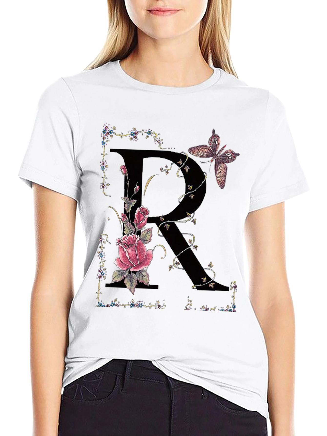 Floral Letter R Butterfly T-Shirt
