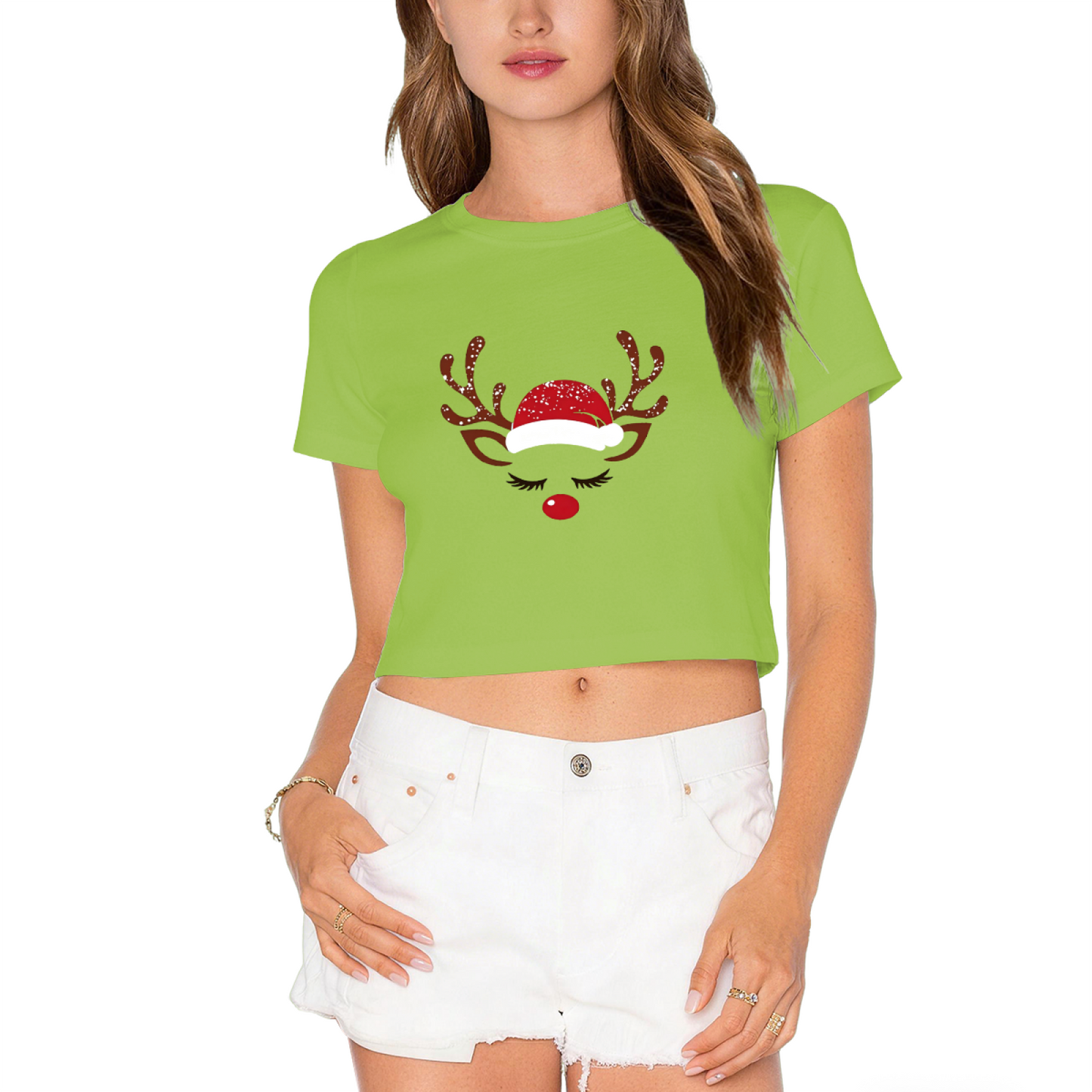 Cute Sleepy Reindeer With Santa Hat Holiday Crop Top