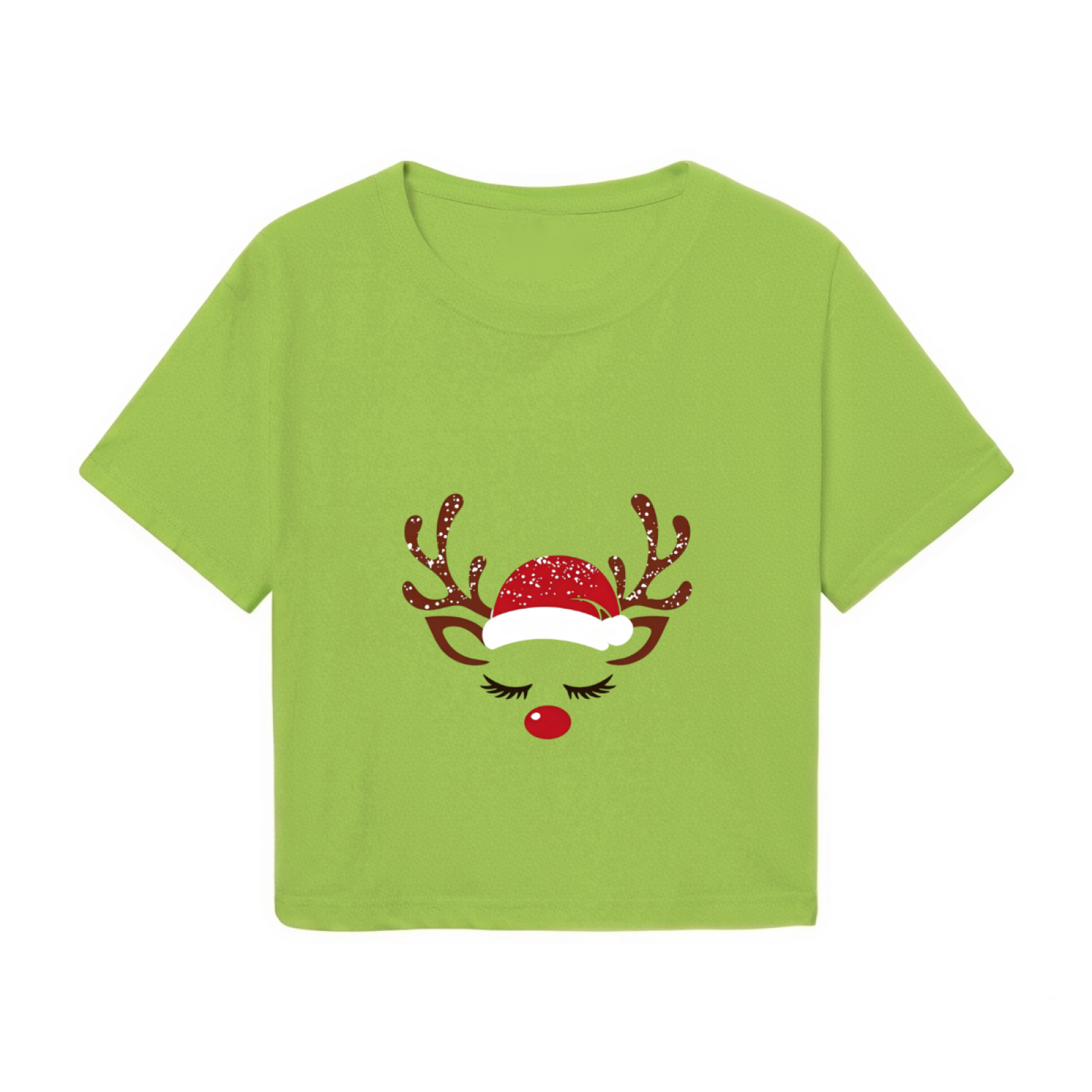 Cute Sleepy Reindeer With Santa Hat Holiday Crop Top