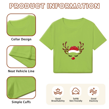 Cute Sleepy Reindeer With Santa Hat Holiday Crop Top