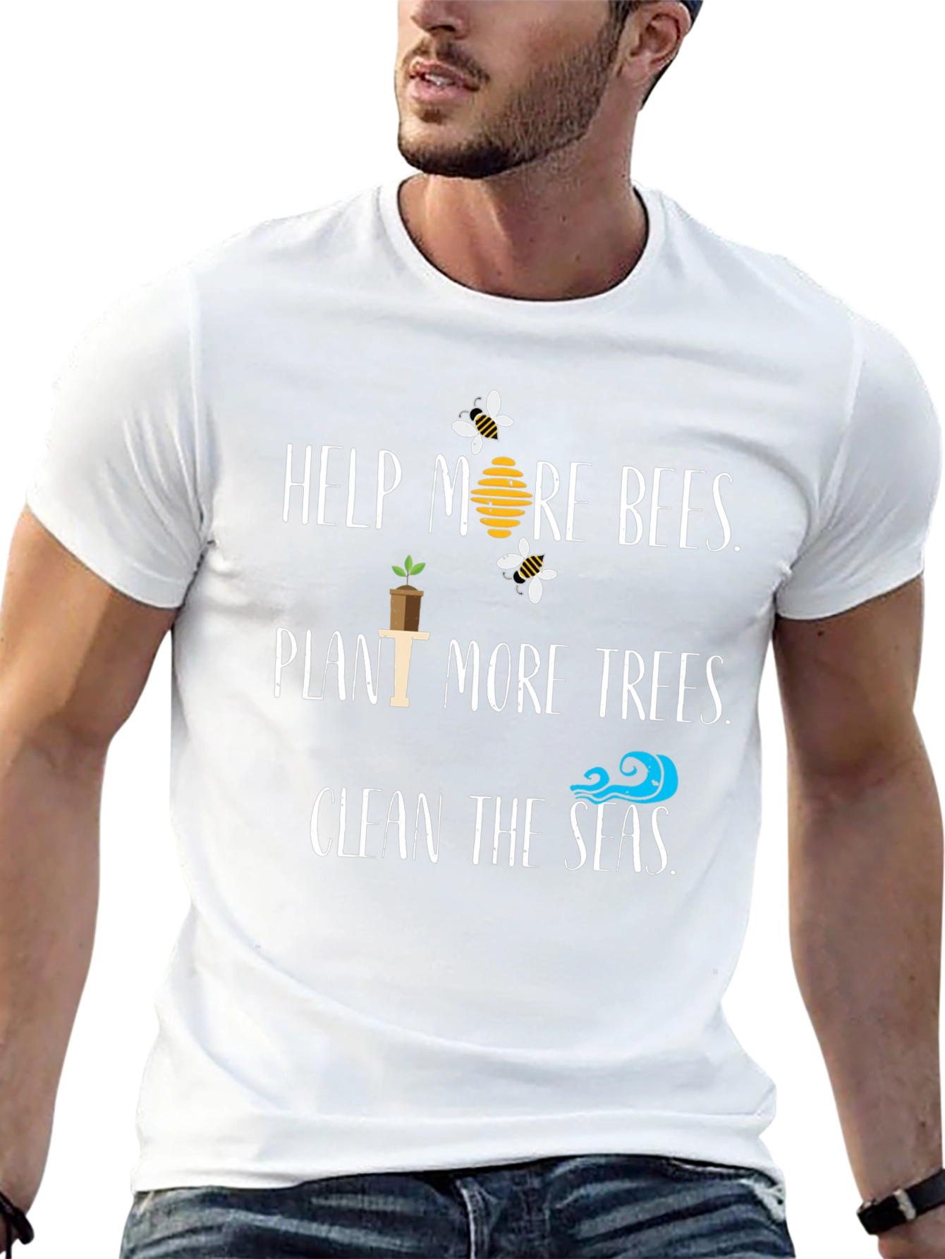 Eco-Friendly Slogan T-Shirt: Help Bees Plant Trees Clean Seas