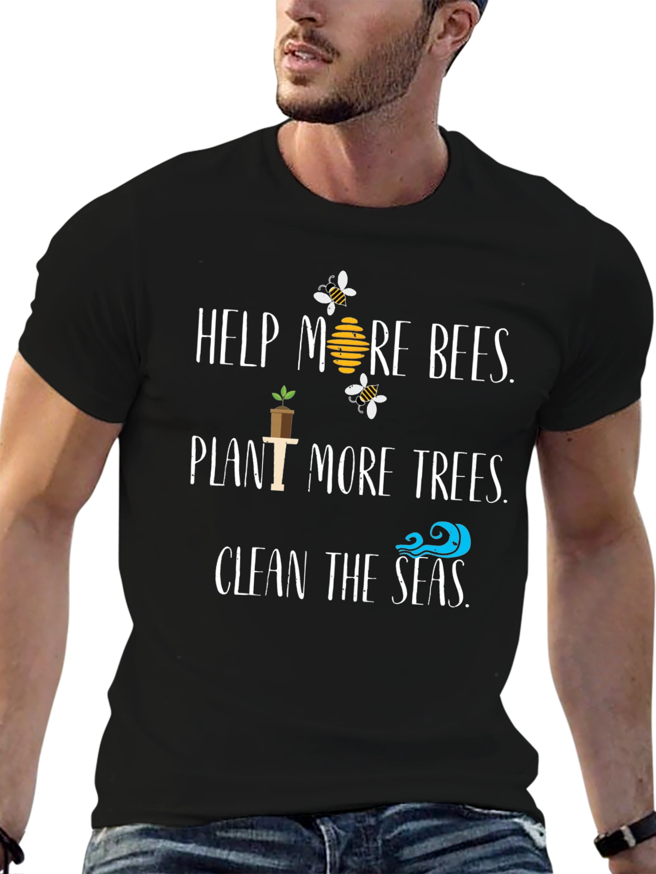 Eco-Friendly Slogan T-Shirt: Help Bees Plant Trees Clean Seas