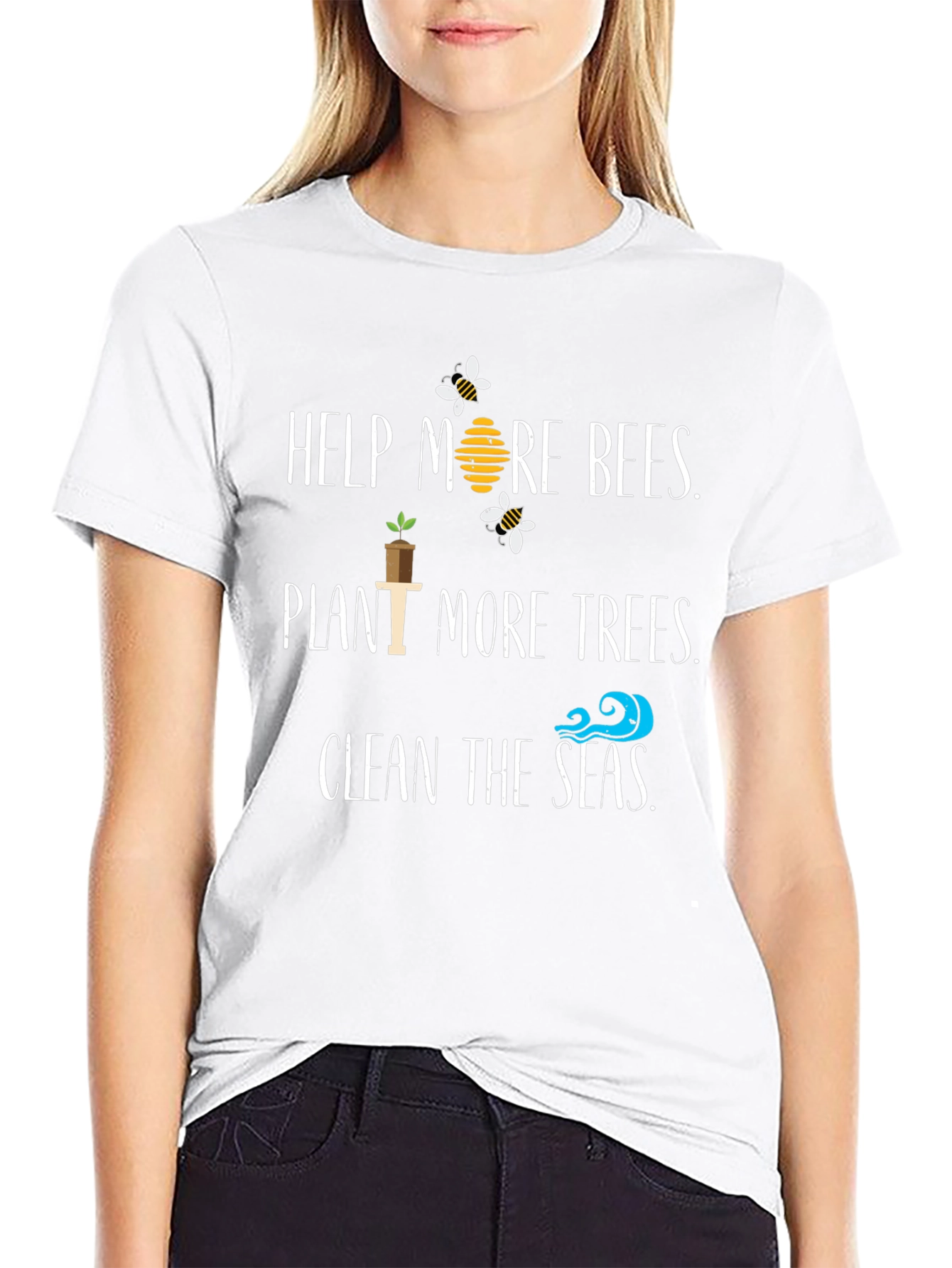 Eco-Friendly Slogan T-Shirt: Help Bees Plant Trees Clean Seas
