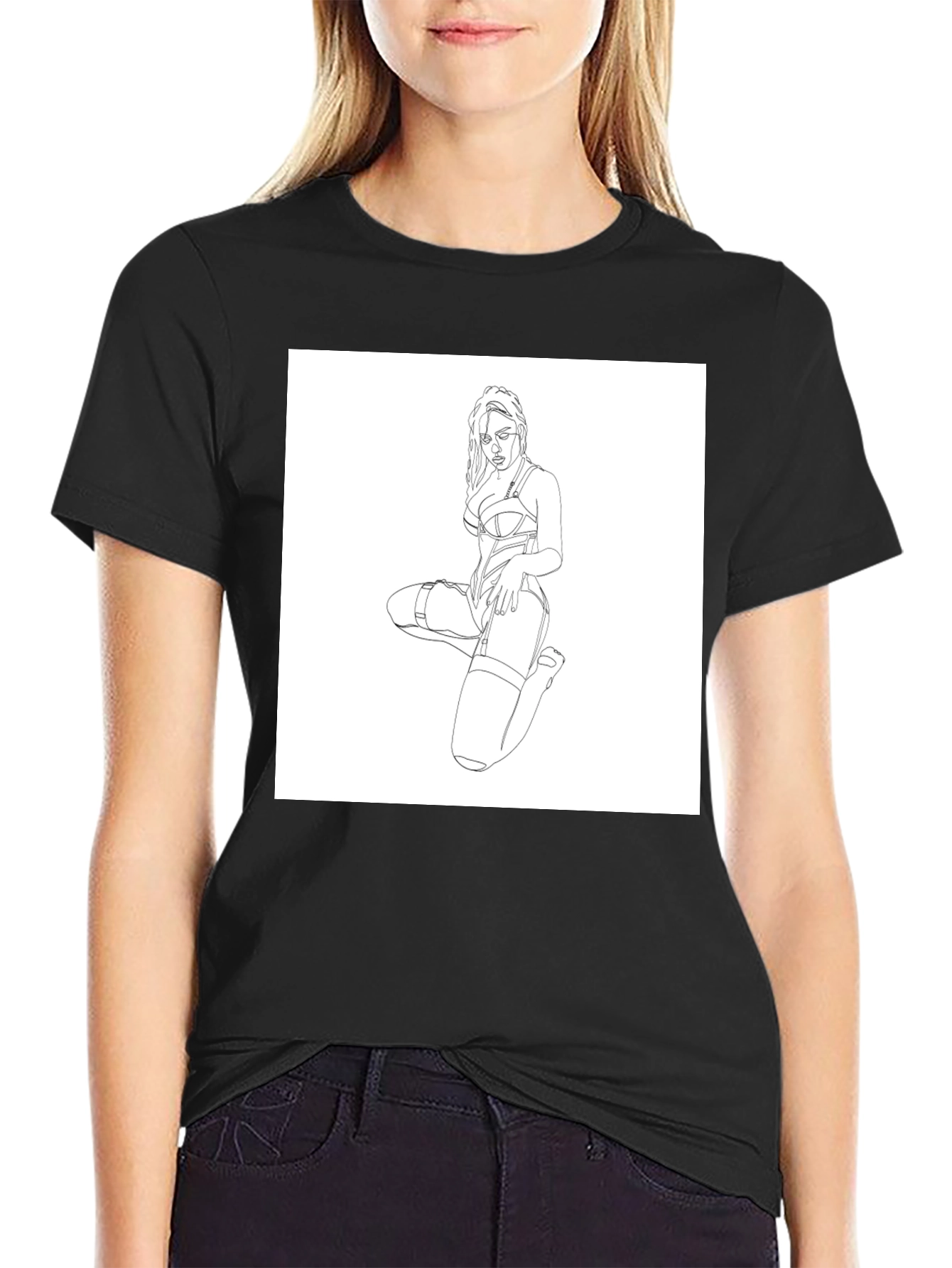 Black T-Shirt with Woman Line Art Graphic Print