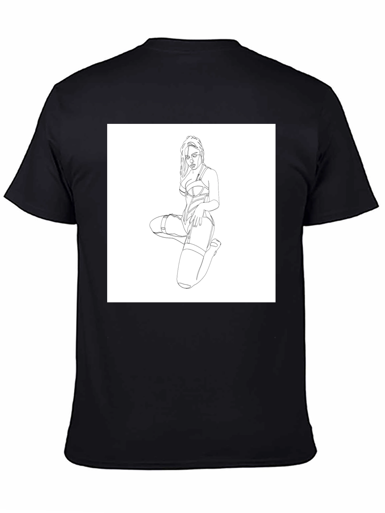 Black T-Shirt with Woman Line Art Graphic Print