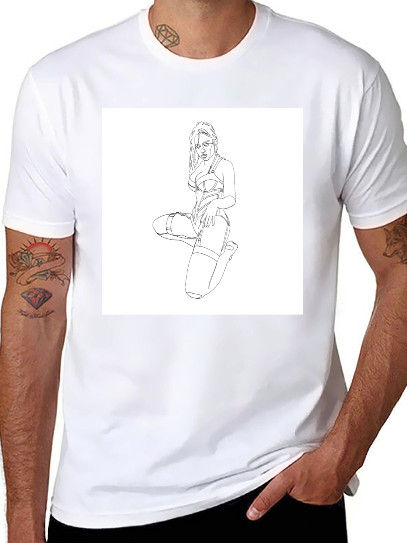 Black T-Shirt with Woman Line Art Graphic Print