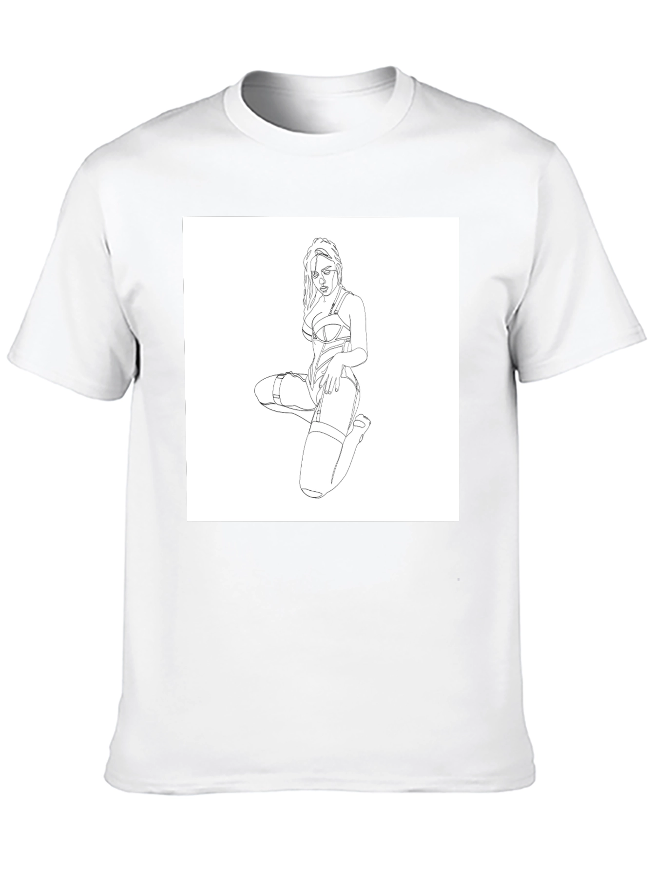 Black T-Shirt with Woman Line Art Graphic Print
