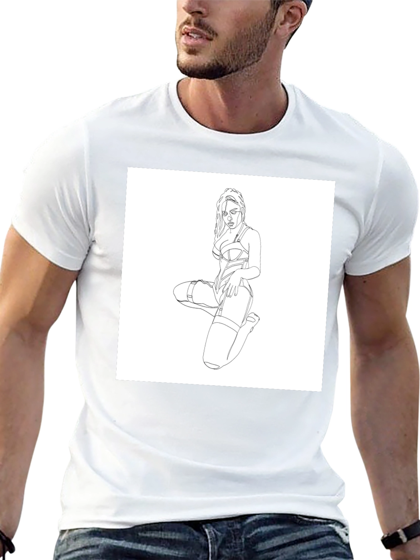 Black T-Shirt with Woman Line Art Graphic Print