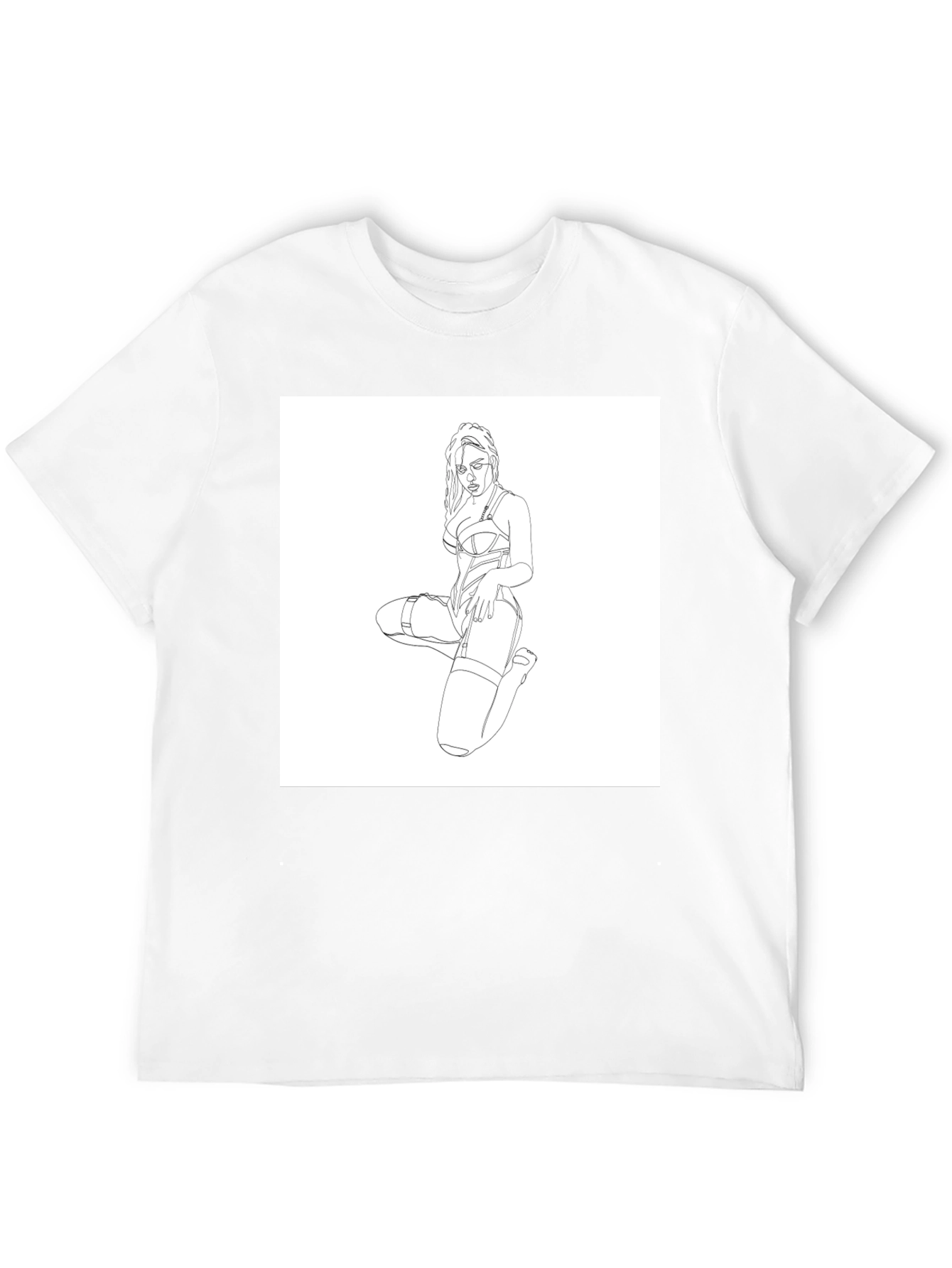 Black T-Shirt with Woman Line Art Graphic Print