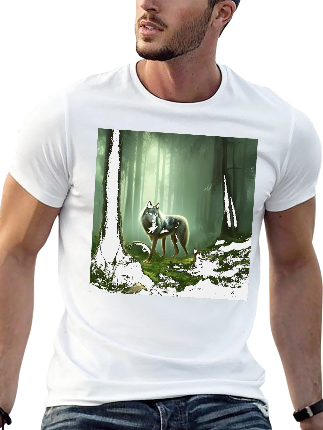Wolf in Forest Graphic Print Black T-Shirt