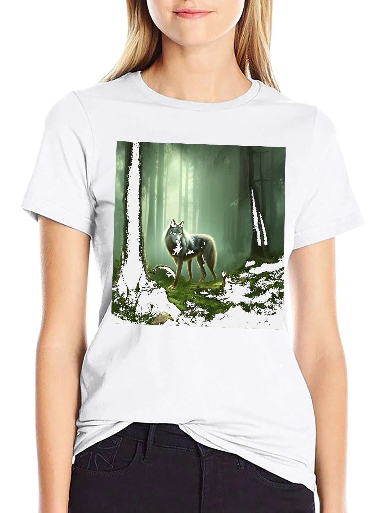 Wolf in Forest Graphic Print Black T-Shirt